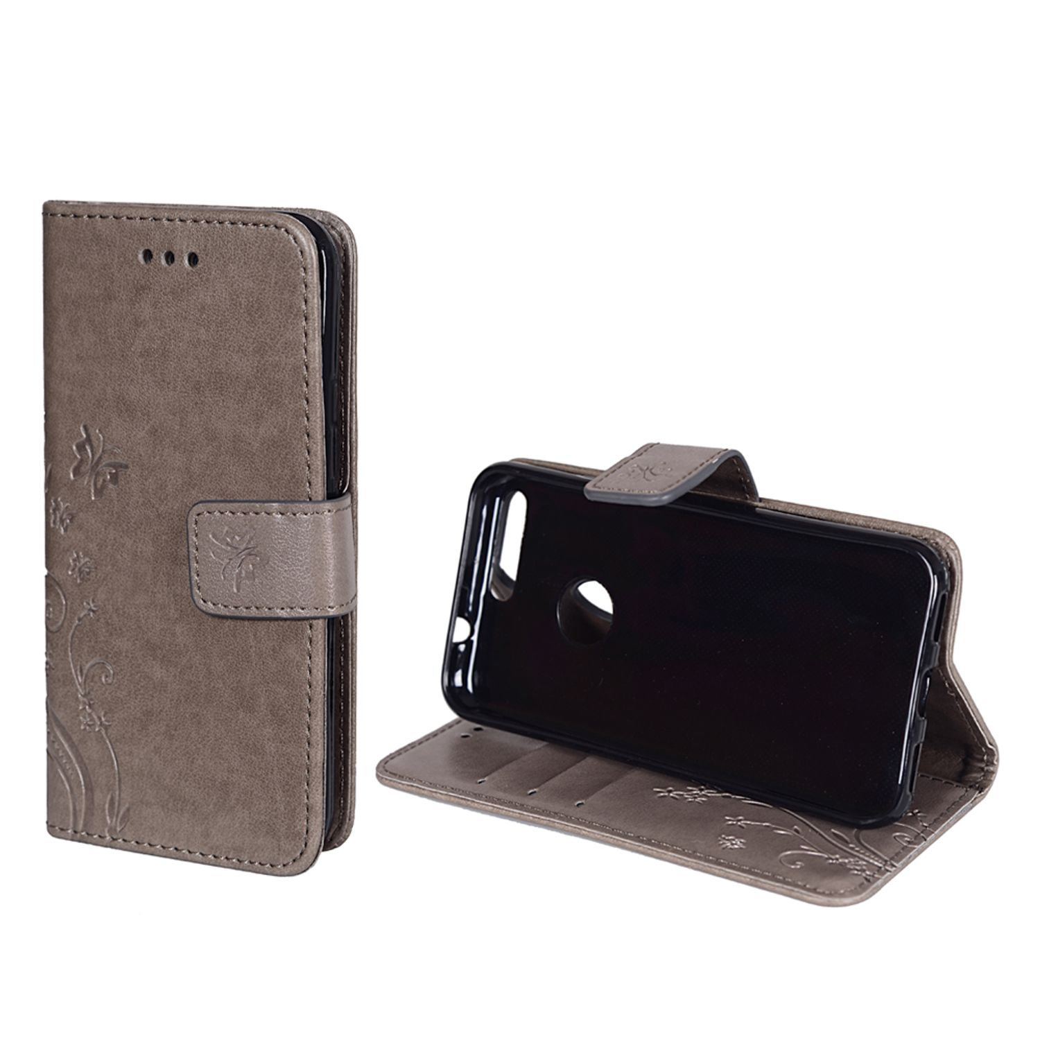 Geöffnete graue Handyhülle mit einem Telefon darin auf weißem Hintergrund. Die Hülle hat ein Blumendesign.