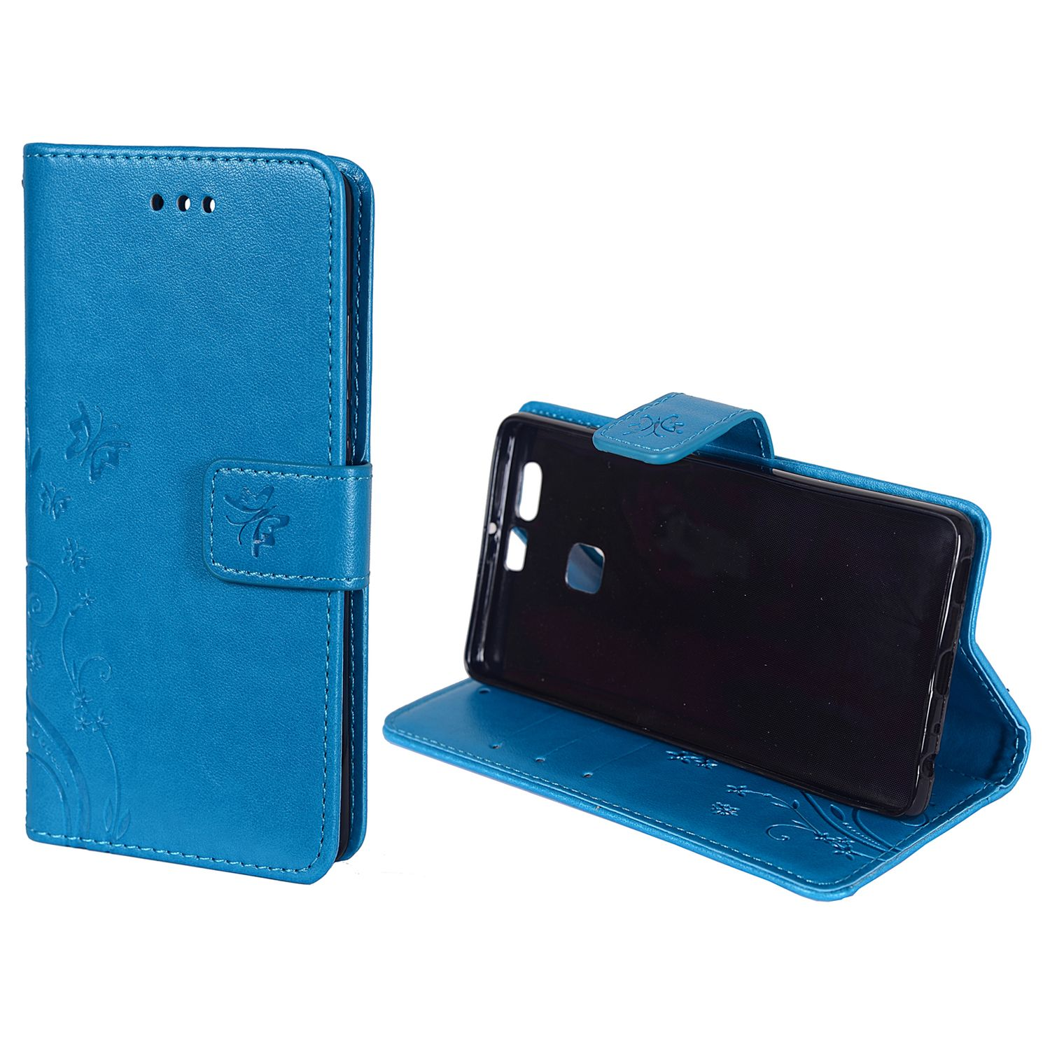 Blaue Leder-Handyhülle, offen, mit Telefon. Weißer Hintergrund.