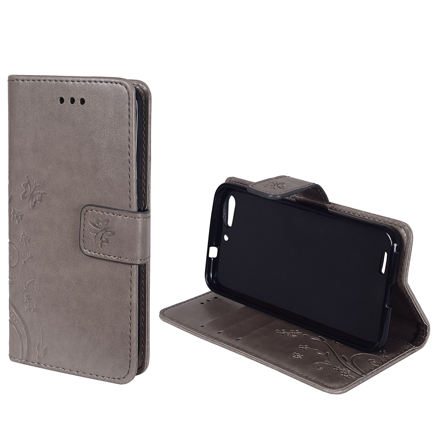 Graue Handyhülle mit floralem Design, geöffnet, um ein Telefon zu zeigen, vor weißem Hintergrund.