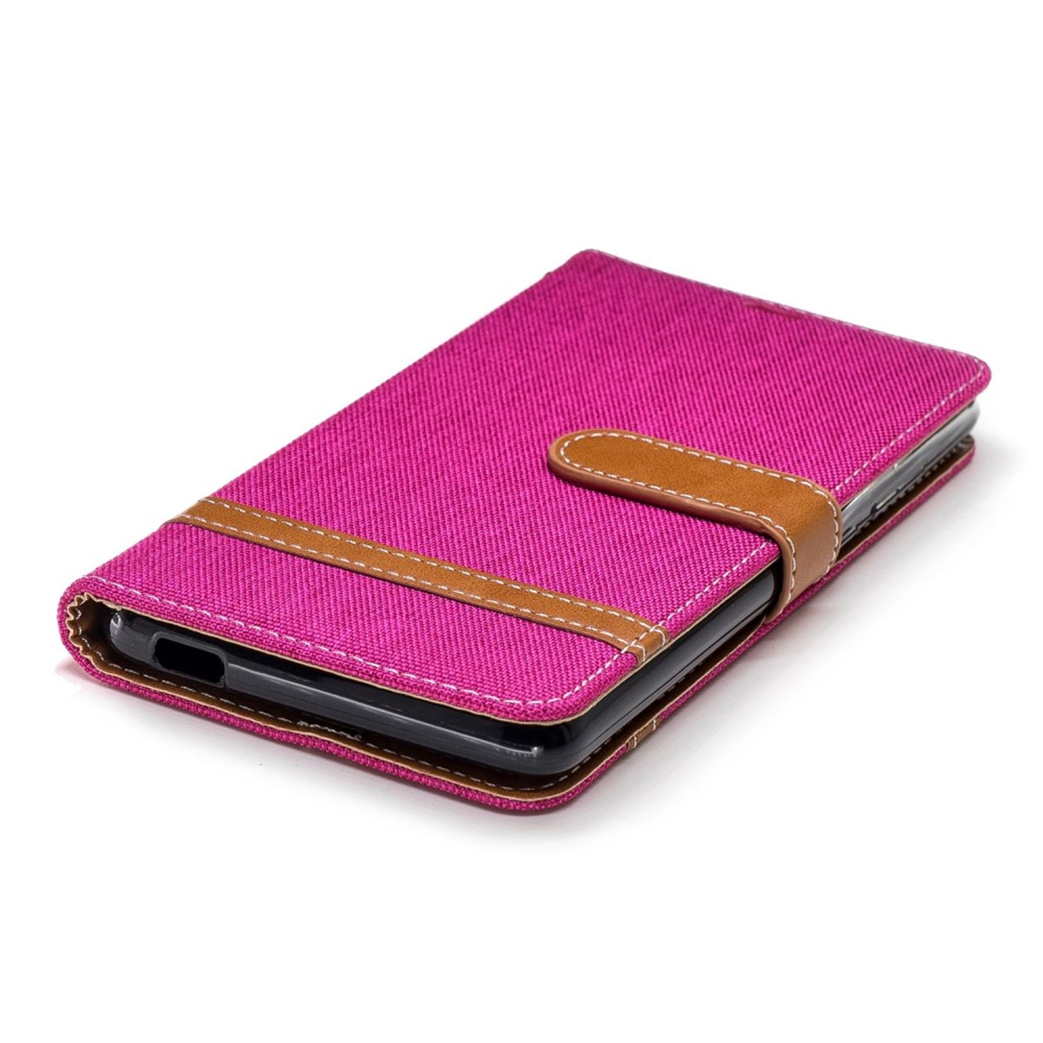Eine magenta Handyhülle mit braunem Riemen. Die Hülle ist geschlossen und hat einen Magnetverschluss.