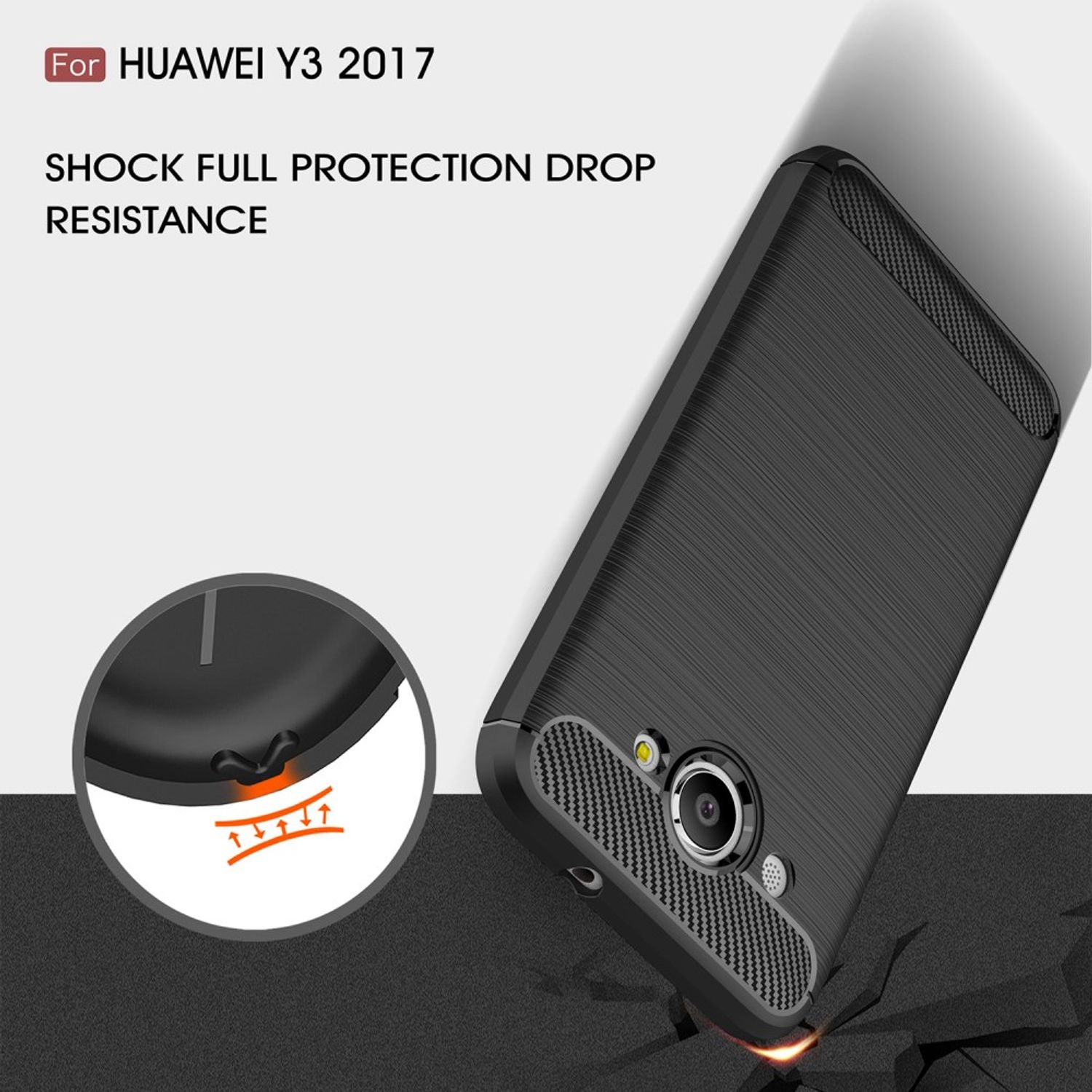 Schwarze Handyhülle mit Text: Für HUAWEI Y3 2017. Stoßfester Fallschutz.