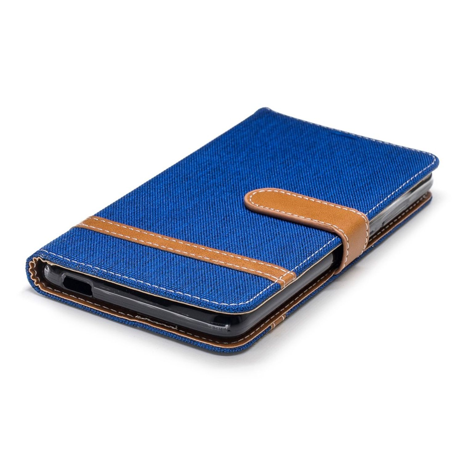 Blaue Handyhülle mit braunem Riemen und weißen Nähten.