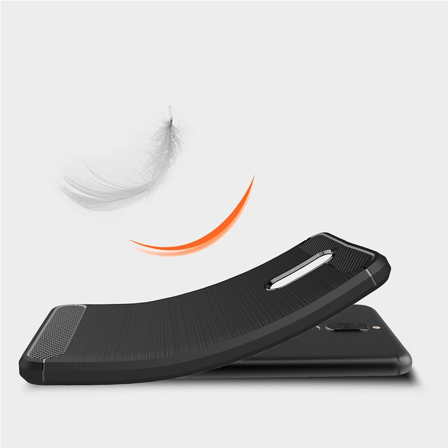 Schwarzes Telefon und Hülle mit Feder- und Kurvengrafik. Grauer Hintergrund.