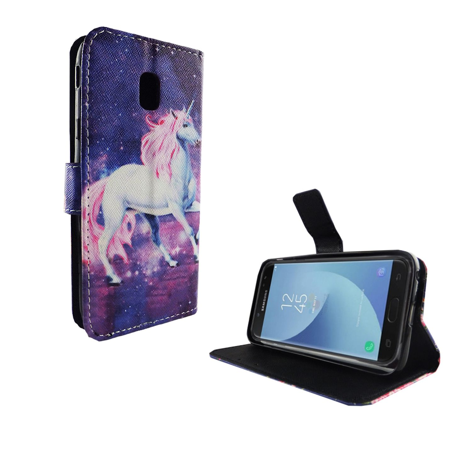 Handyhülle mit Einhorn- und Galaxy-Design. Telefon in der Hülle ist geöffnet und zeigt Apps und Uhrzeit.