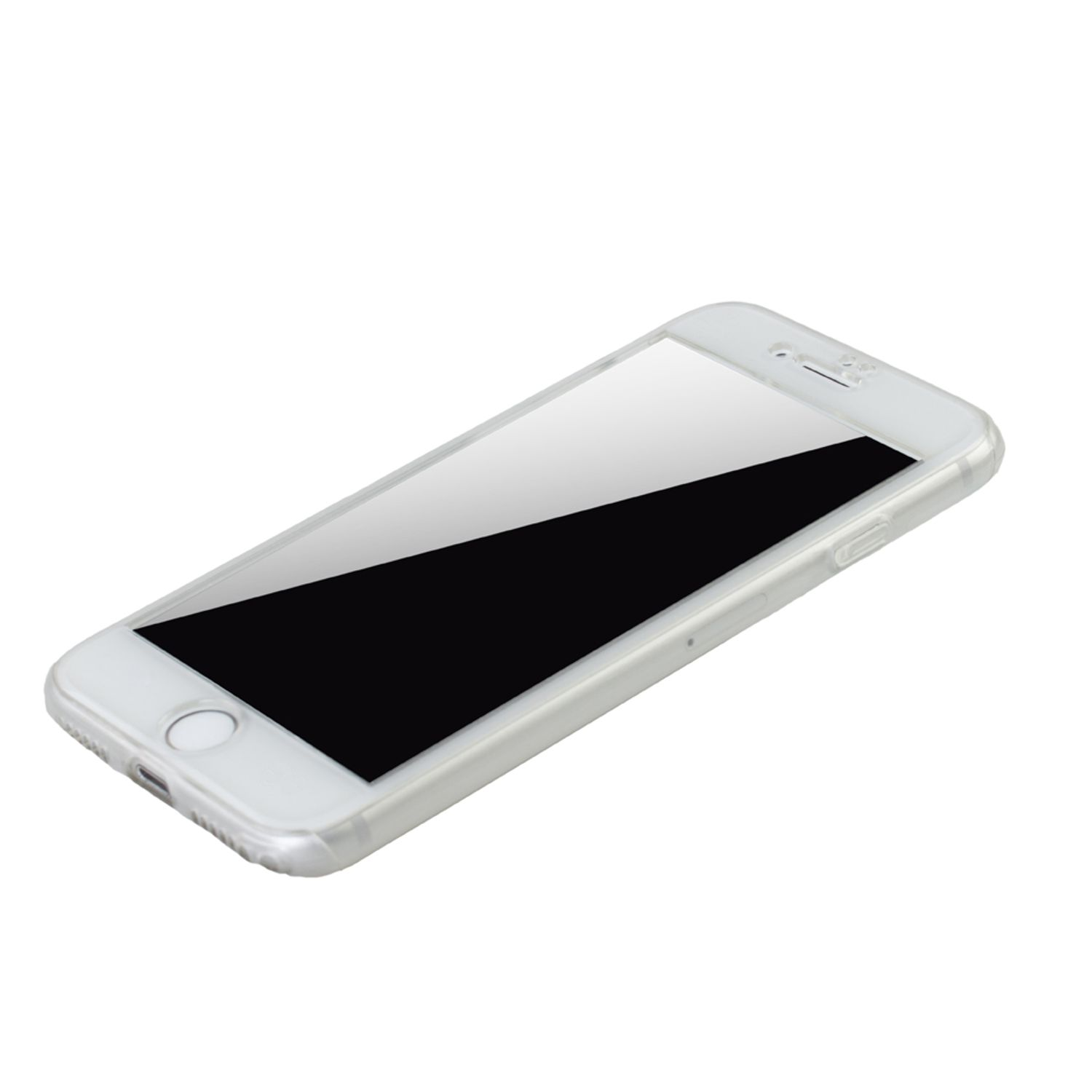 Weißes Telefon in einer transparenten Hülle. Der Bildschirm ist ausgeschaltet. Weißer Hintergrund.