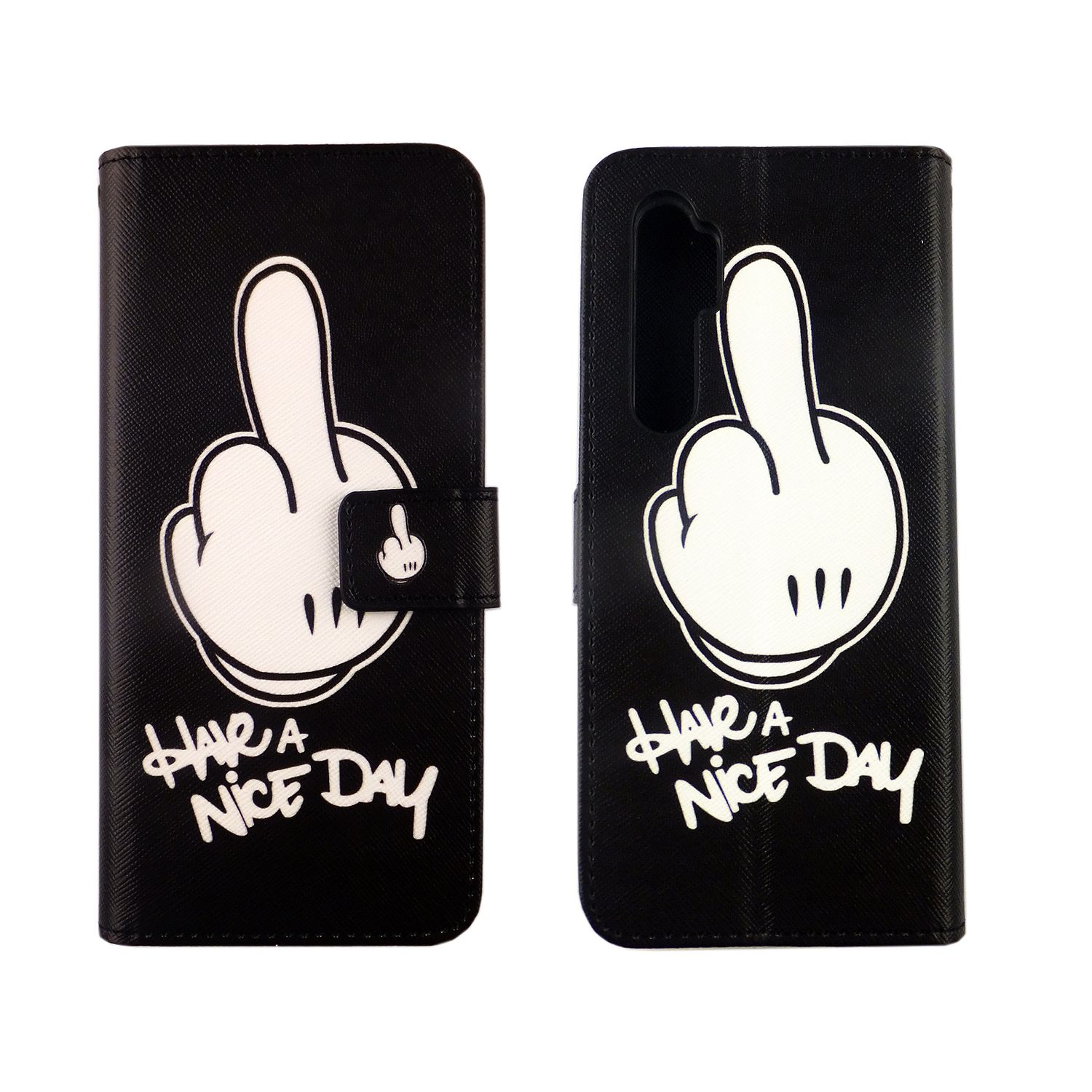 Schwarze Handyhülle mit weißer Hand, die den Mittelfinger zeigt, und dem Text 'Have a nice day'.