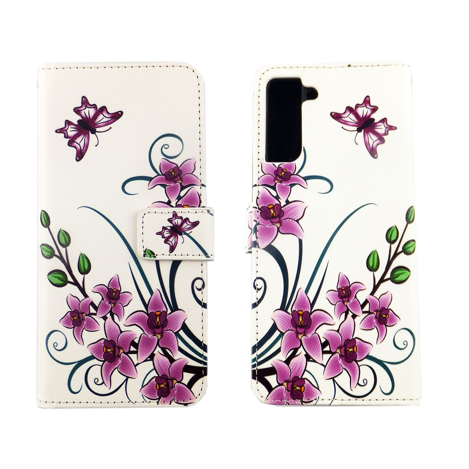Weiße Handyhülle mit Blumendesign und Schmetterlingen. Weißer Hintergrund.