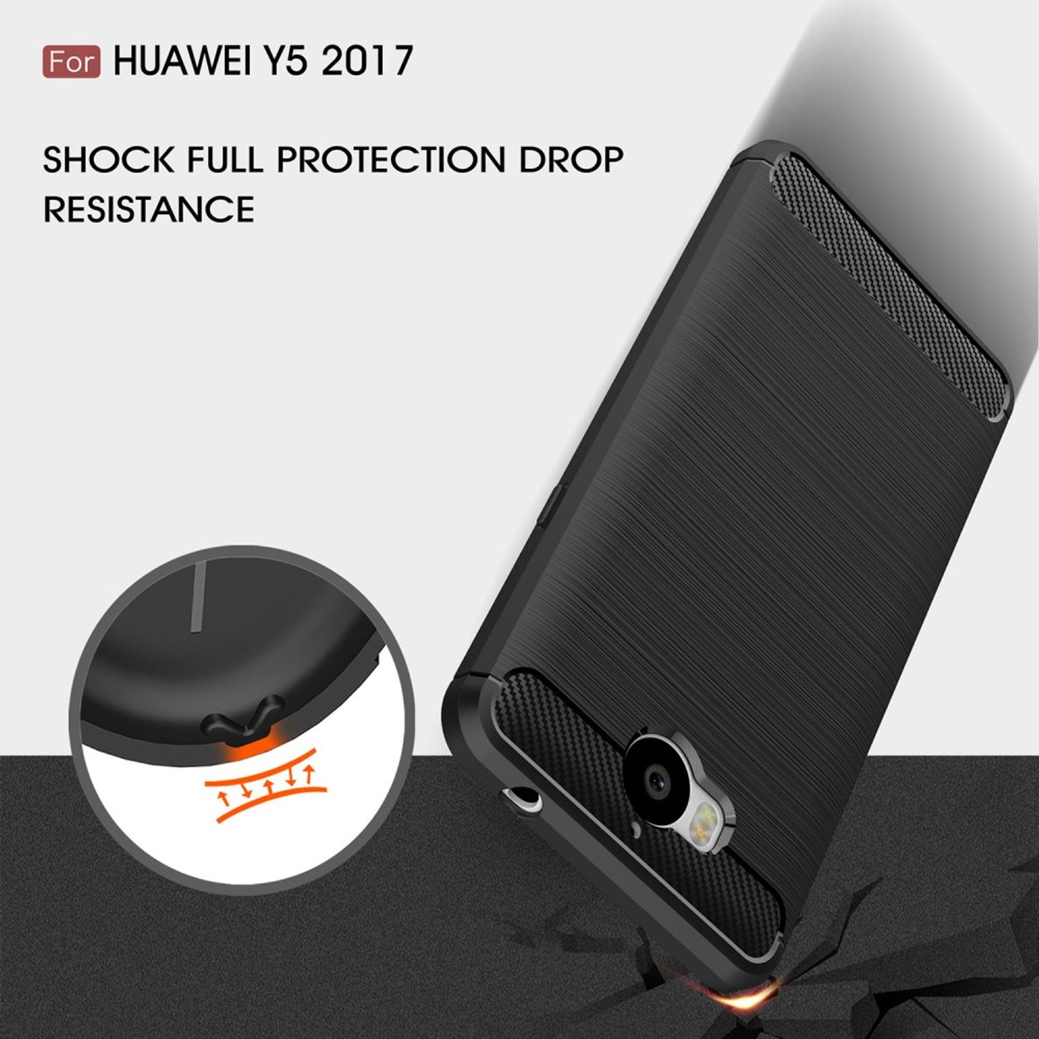 Schwarze Handyhülle mit Text für Huawei Y5 2017. Weißer Hintergrund.