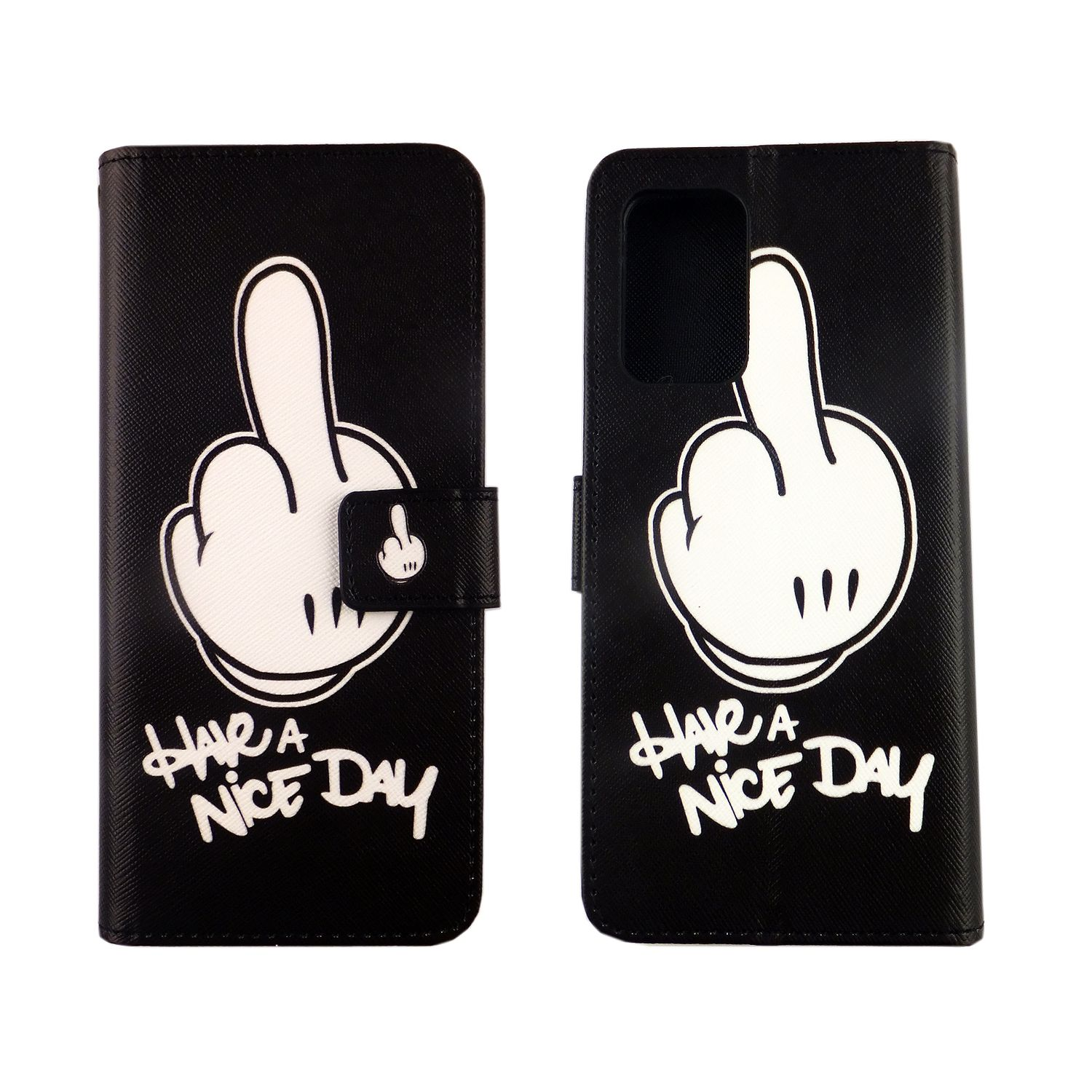 Handy-Hülle mit Mittelfinger und dem Text 'Have a Nice Day'.