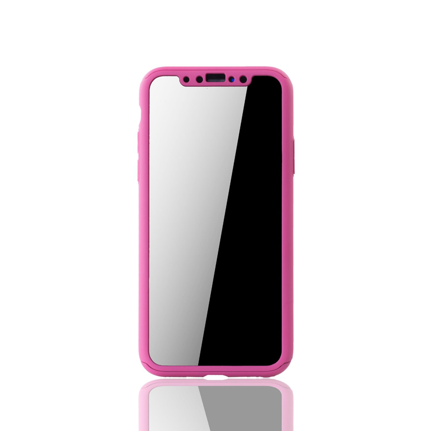 Rosa Telefon mit schwarzem Bildschirm und Rahmen.