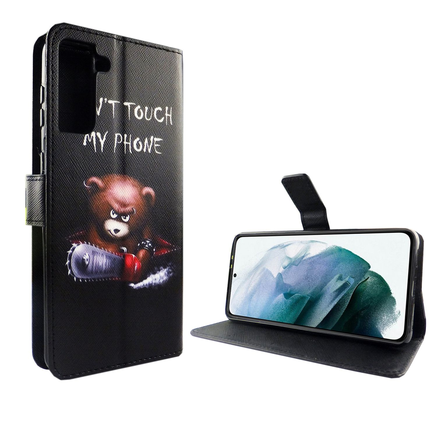Schwarze Handyhülle mit Bär mit Kettensäge, Text. Telefon rechts angezeigt.