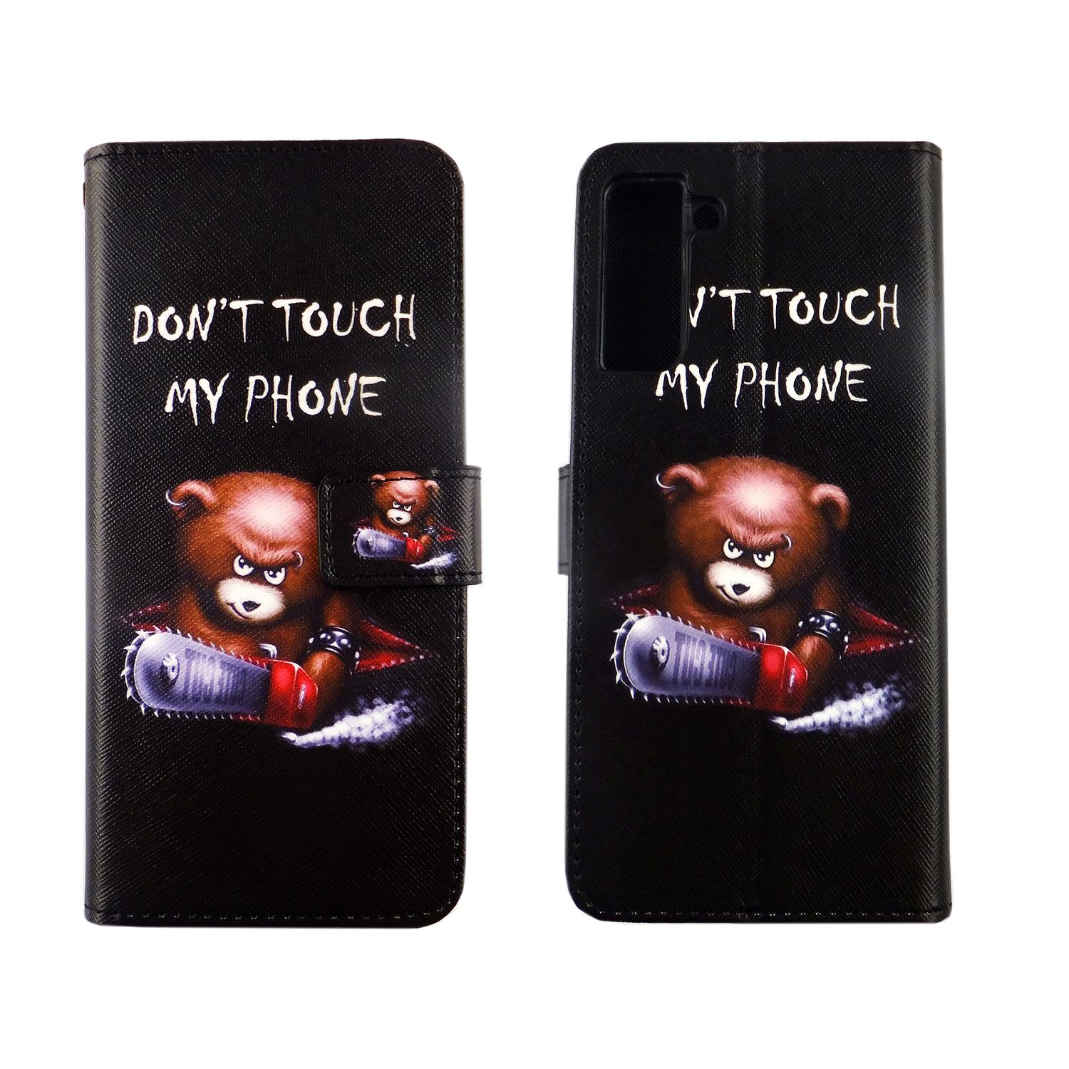 Schwarze Handyhülle mit Bär mit Kettensäge und Text: Fass mein Handy nicht an.