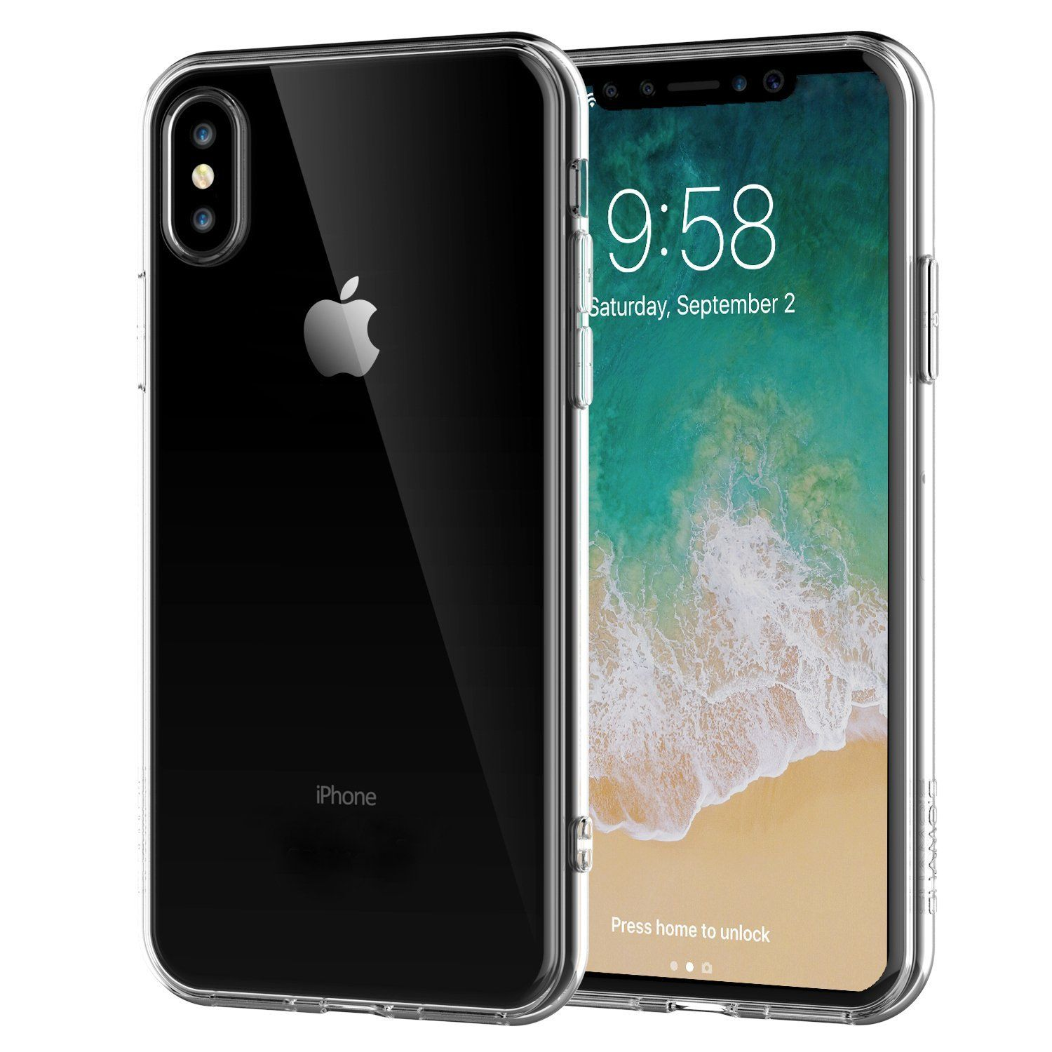 Zwei Telefone, eine transparente Hülle auf dem Telefon mit Apple-Logo, vor weißem Hintergrund.