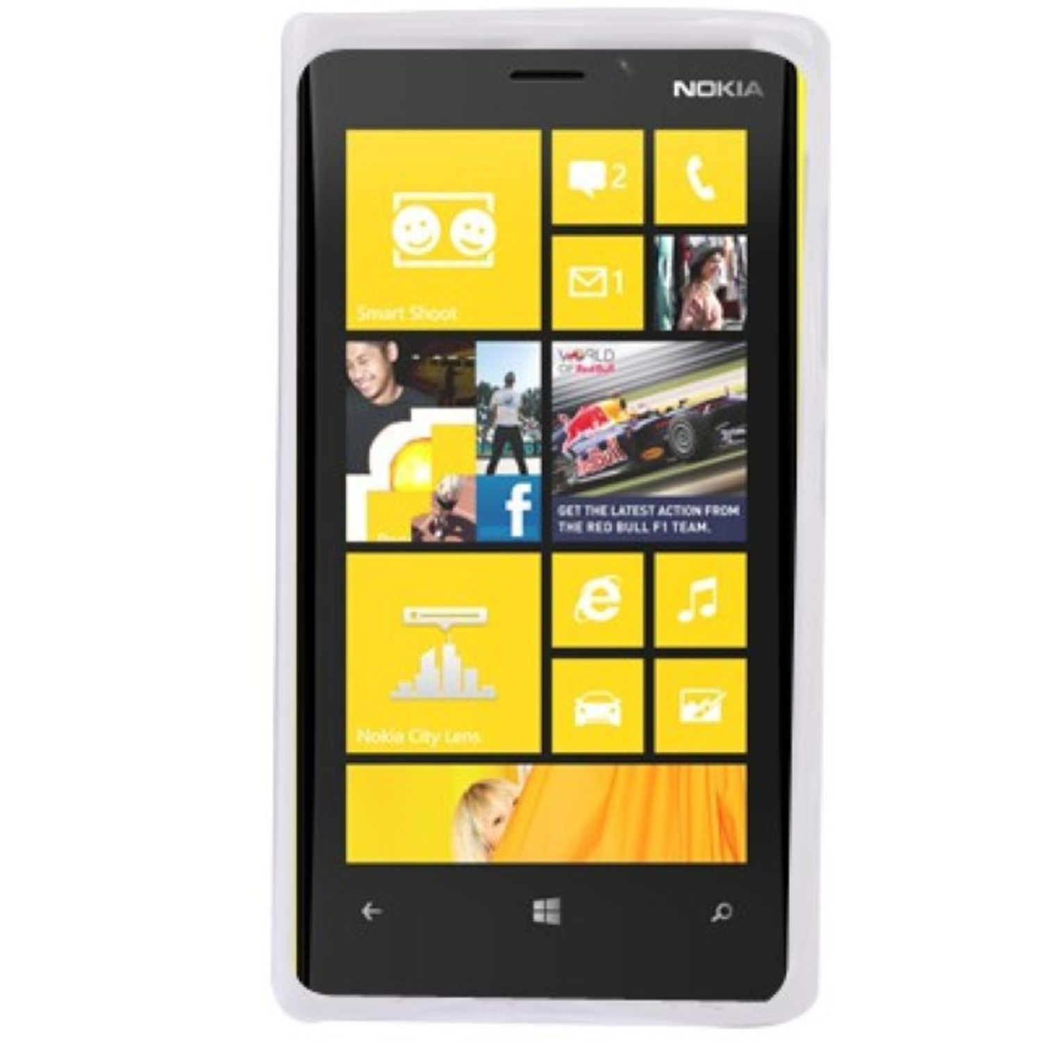 Nokia-Telefon mit gelben Kacheln auf dem Bildschirm. Das Telefon befindet sich in einer weißen Hülle.
