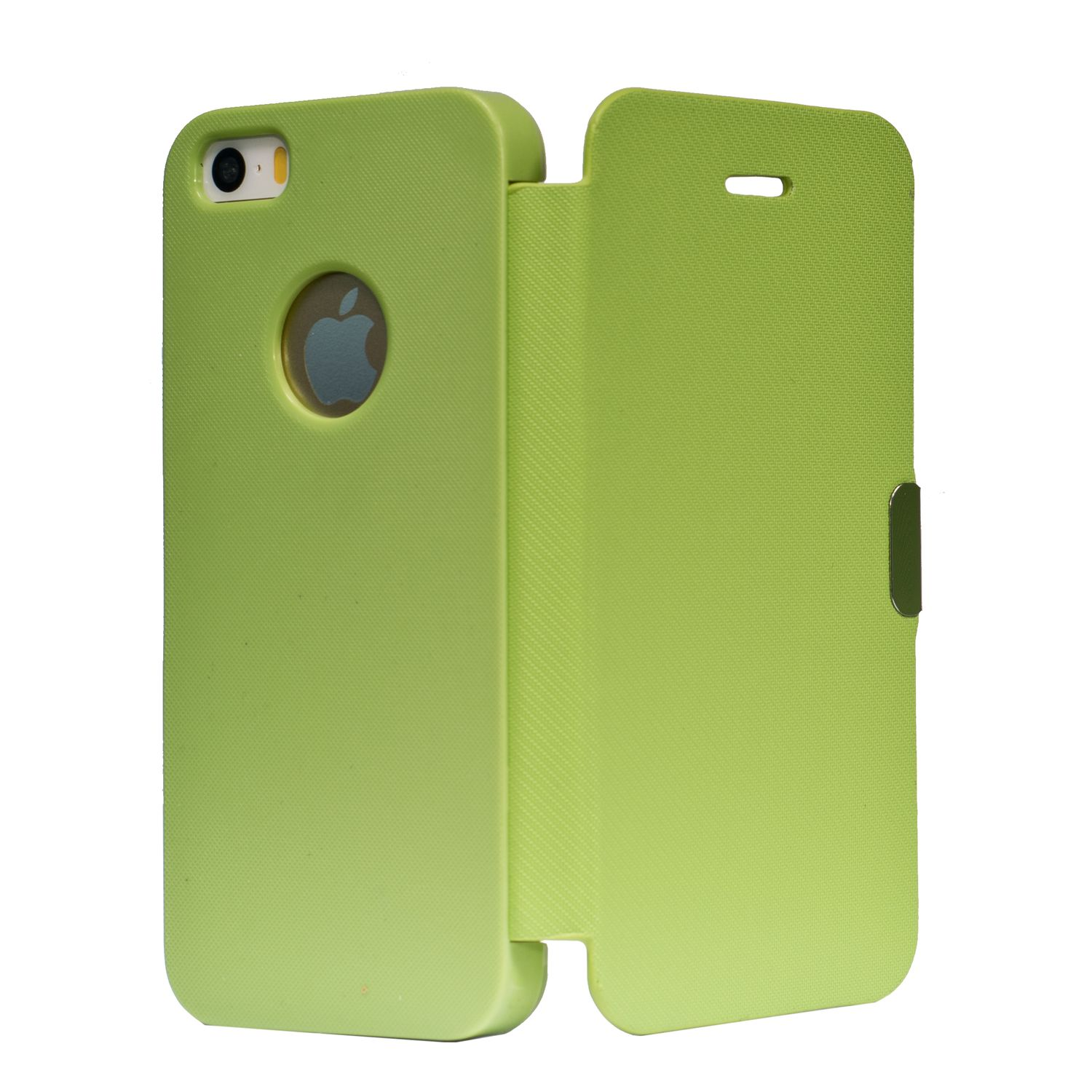 Eine limettengrüne iPhone-Hülle ist geöffnet. Die Hülle hat einen Ausschnitt für das Apple-Logo. Der Hintergrund ist weiß.