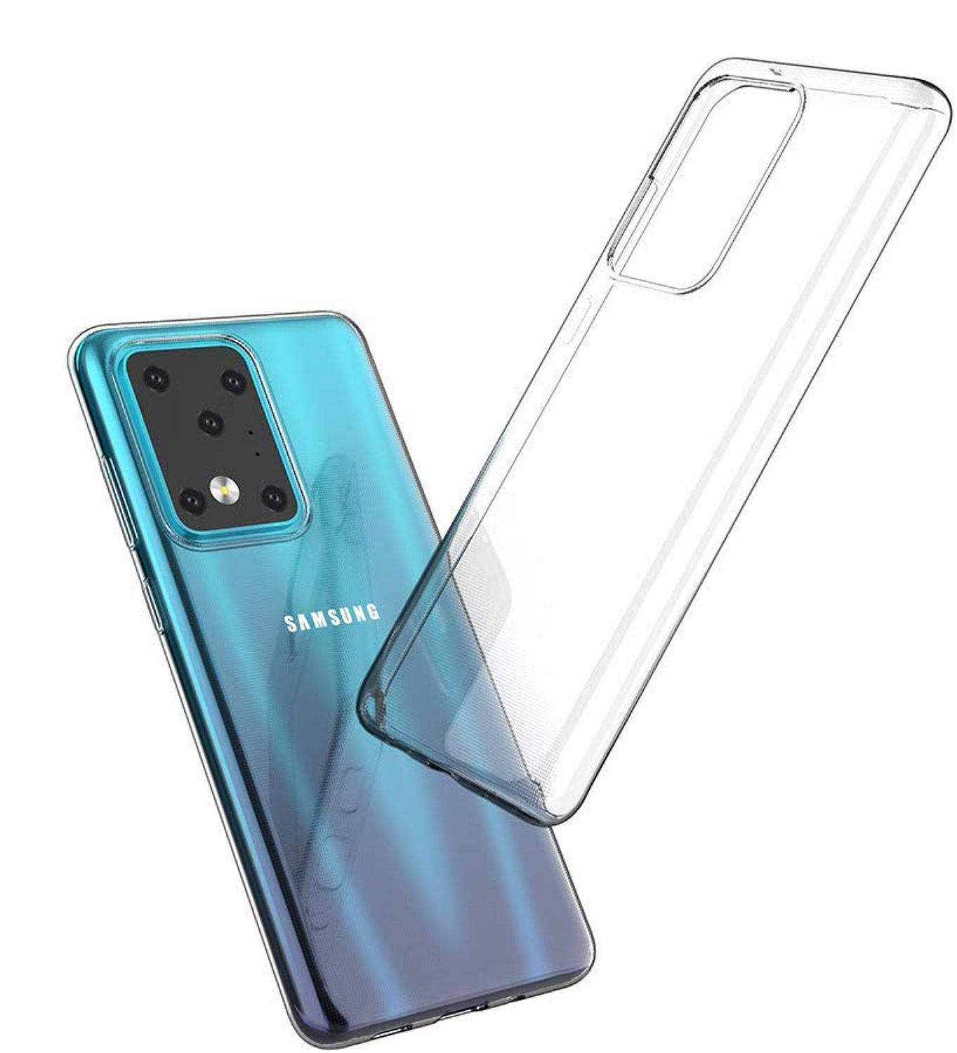 Ein blaues Gradienten-Telefon mit einer durchsichtigen Hülle, die daneben schwebt, mit Samsung-Logo.