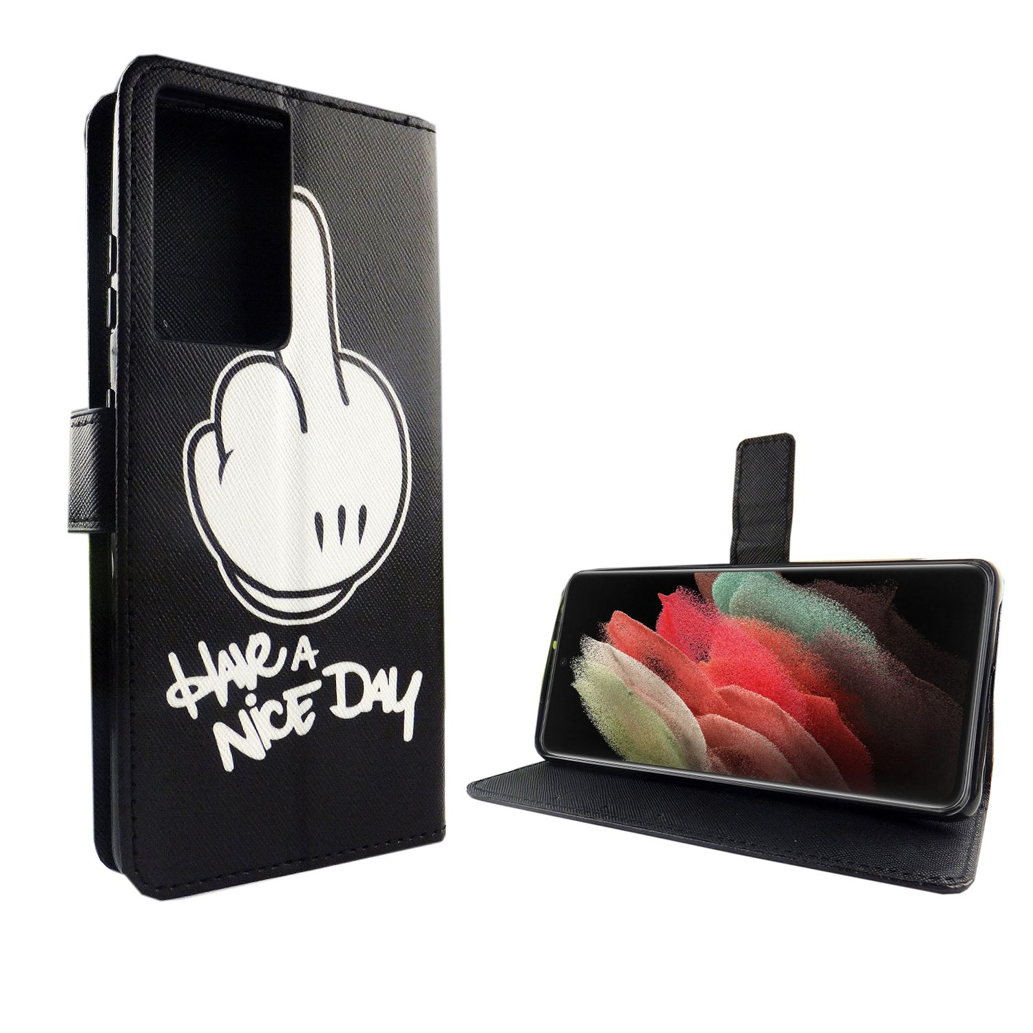 Schwarze Handyhülle mit Hand, Mittelfinger nach oben. Text: HAVE A NICE DAY. Ein Telefonbildschirm ist sichtbar.