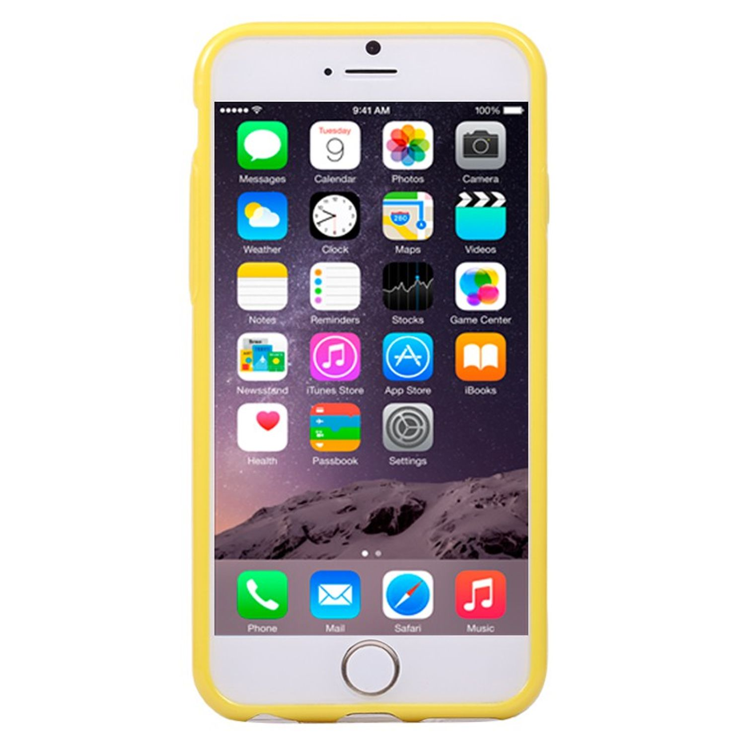 iPhone in gelber Hülle. Der Bildschirm zeigt App-Symbole. Die Uhrzeit ist 9:41, Akku 100%.
