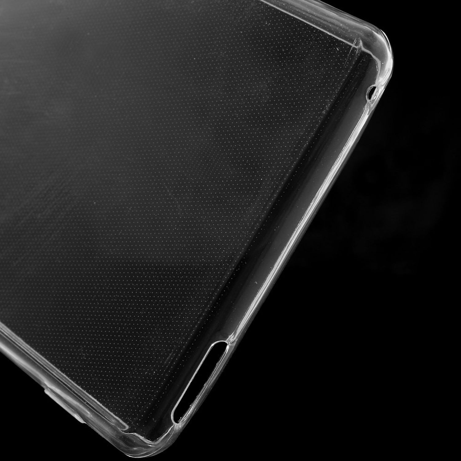 Transparente Handyhülle, dunkler Hintergrund. Leicht gepunktetes Muster.