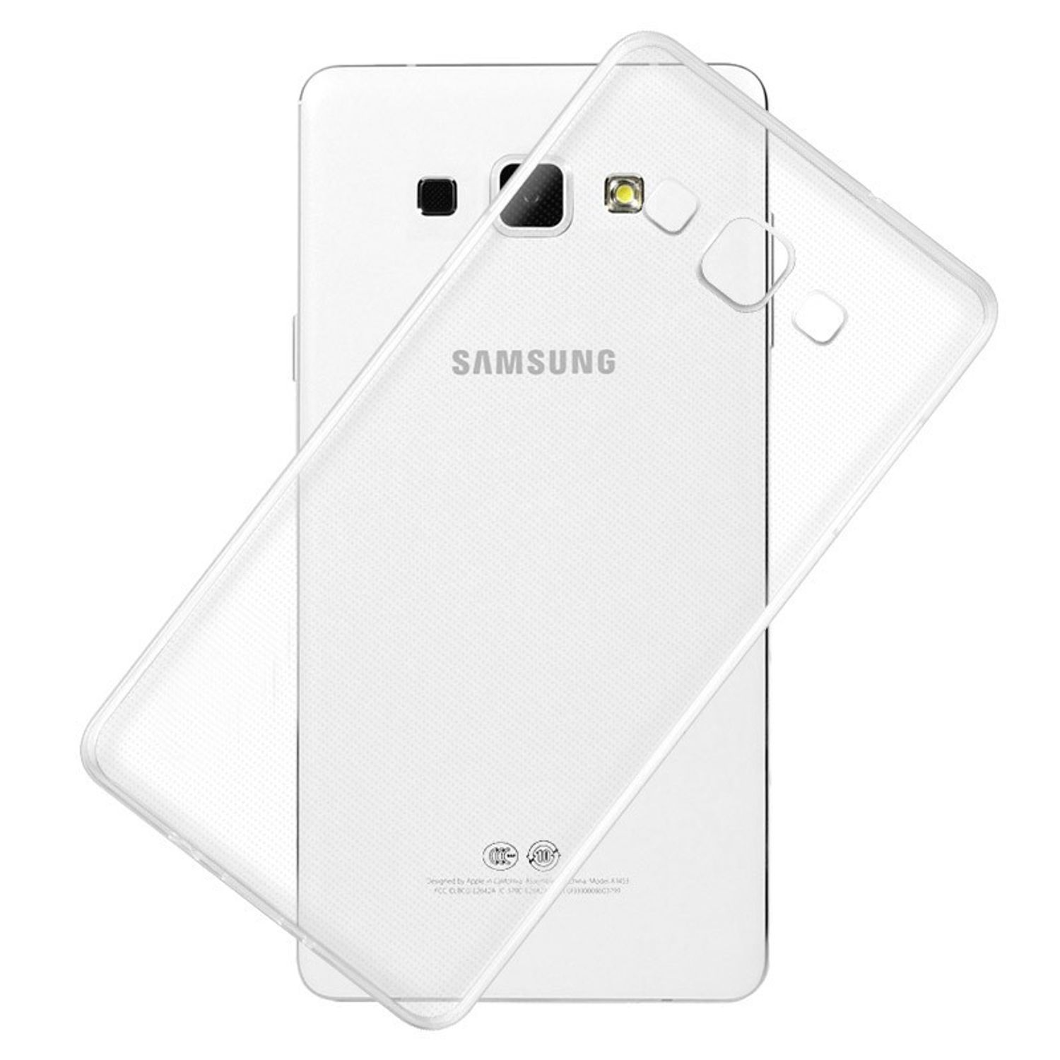 Weißes Telefon mit transparenter Hülle. Samsung-Marke sichtbar.