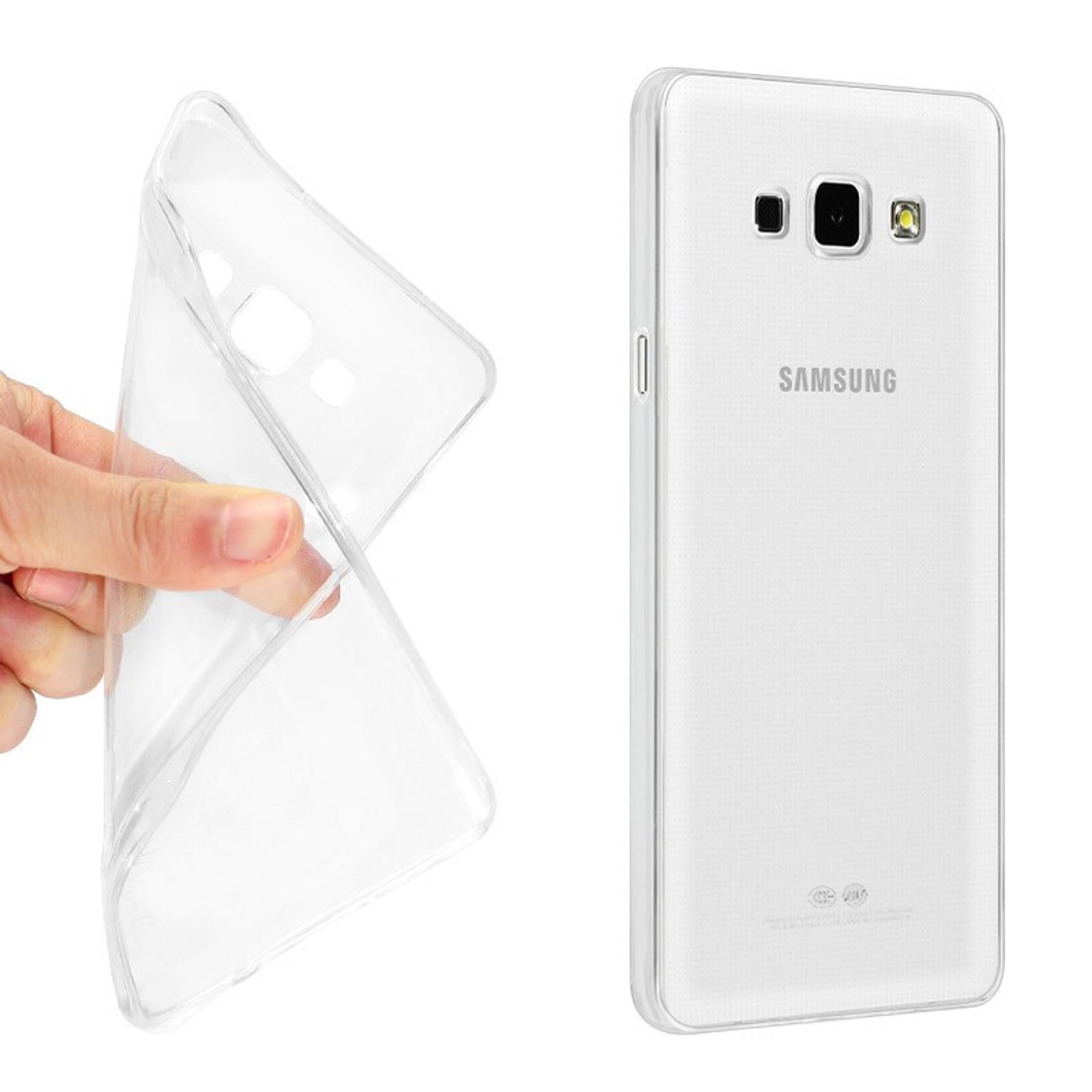Transparente Handyhülle und ein Telefon, Marke Samsung, weißer Hintergrund.