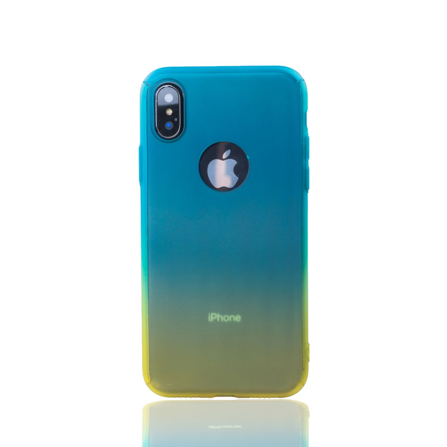 Blau-gelbes Farbverlauf iPhone-Case mit Apple-Logo.