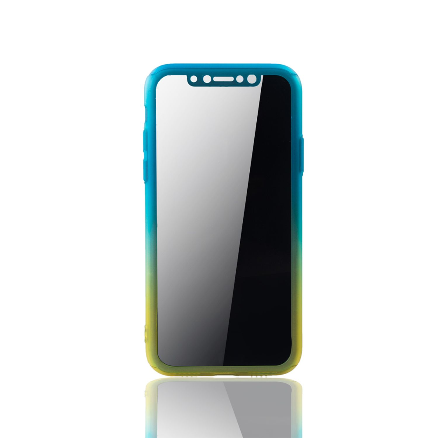Smartphone mit blau-gelbem Case. Der Bildschirm ist sichtbar. Weißer Hintergrund.