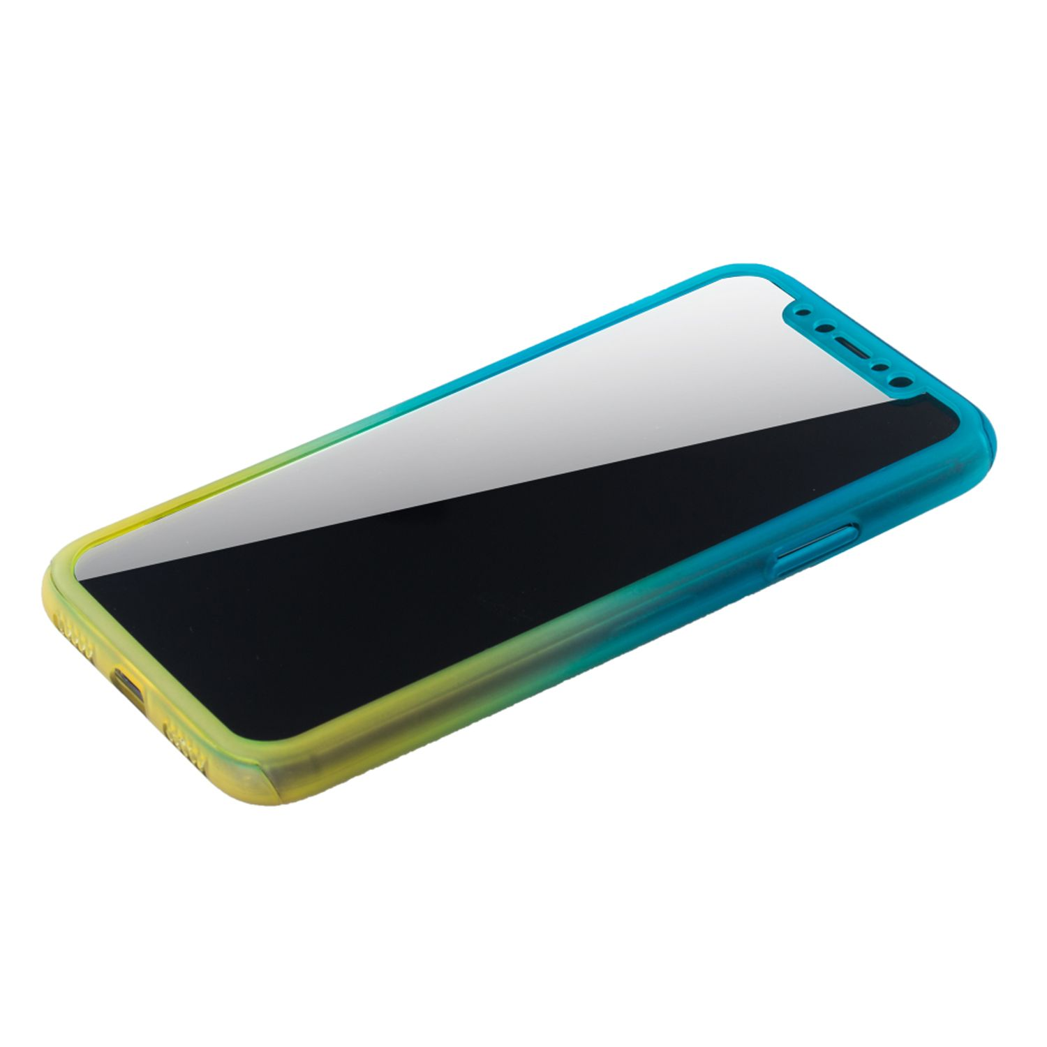 Telefon mit blau, gelb und grün verlaufender Hülle. Der Bildschirm ist schwarz und zeigt das Telefon.