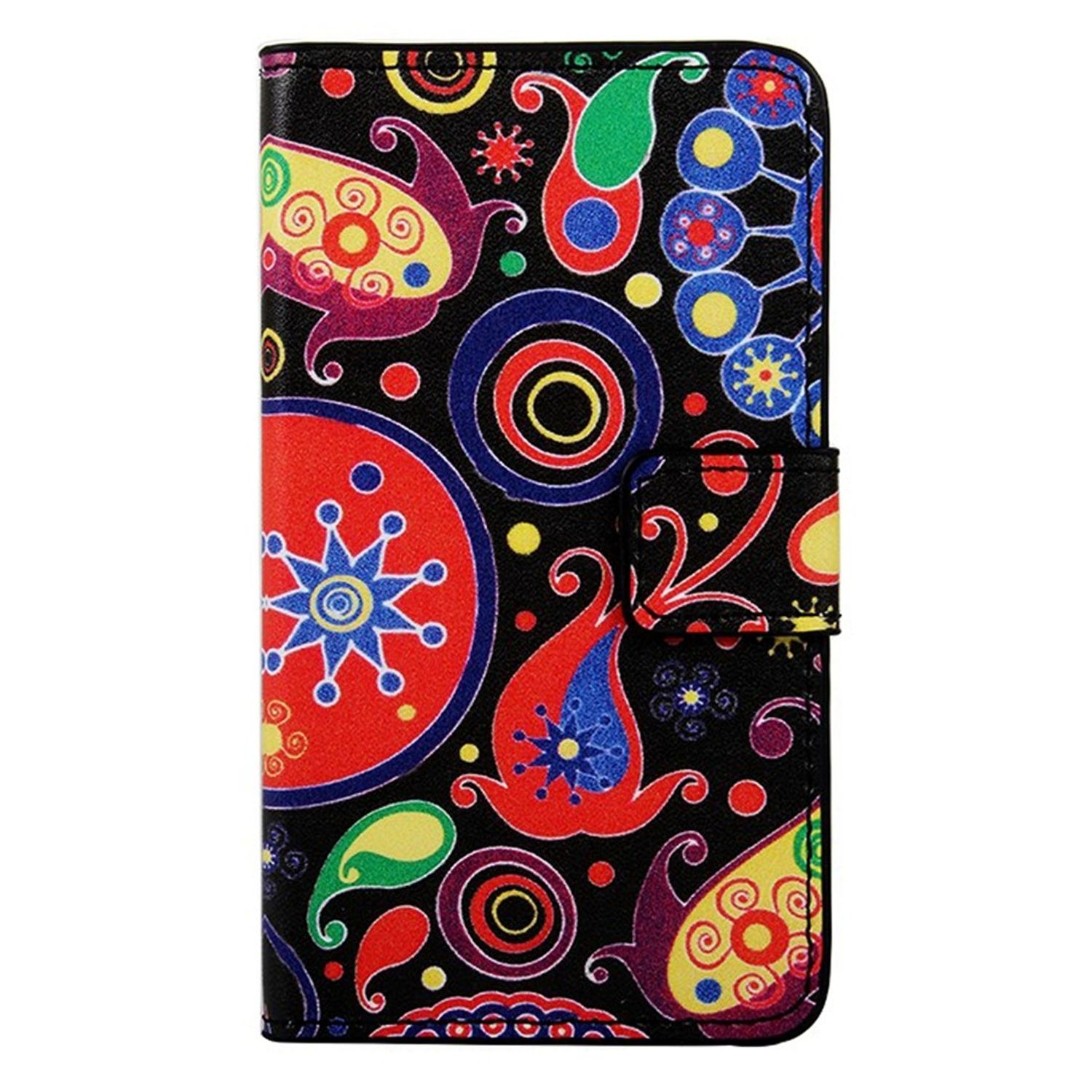 Schwarze Handyhülle. Buntes Paisley-Design. Geschlossen. Schwarzer Hintergrund.