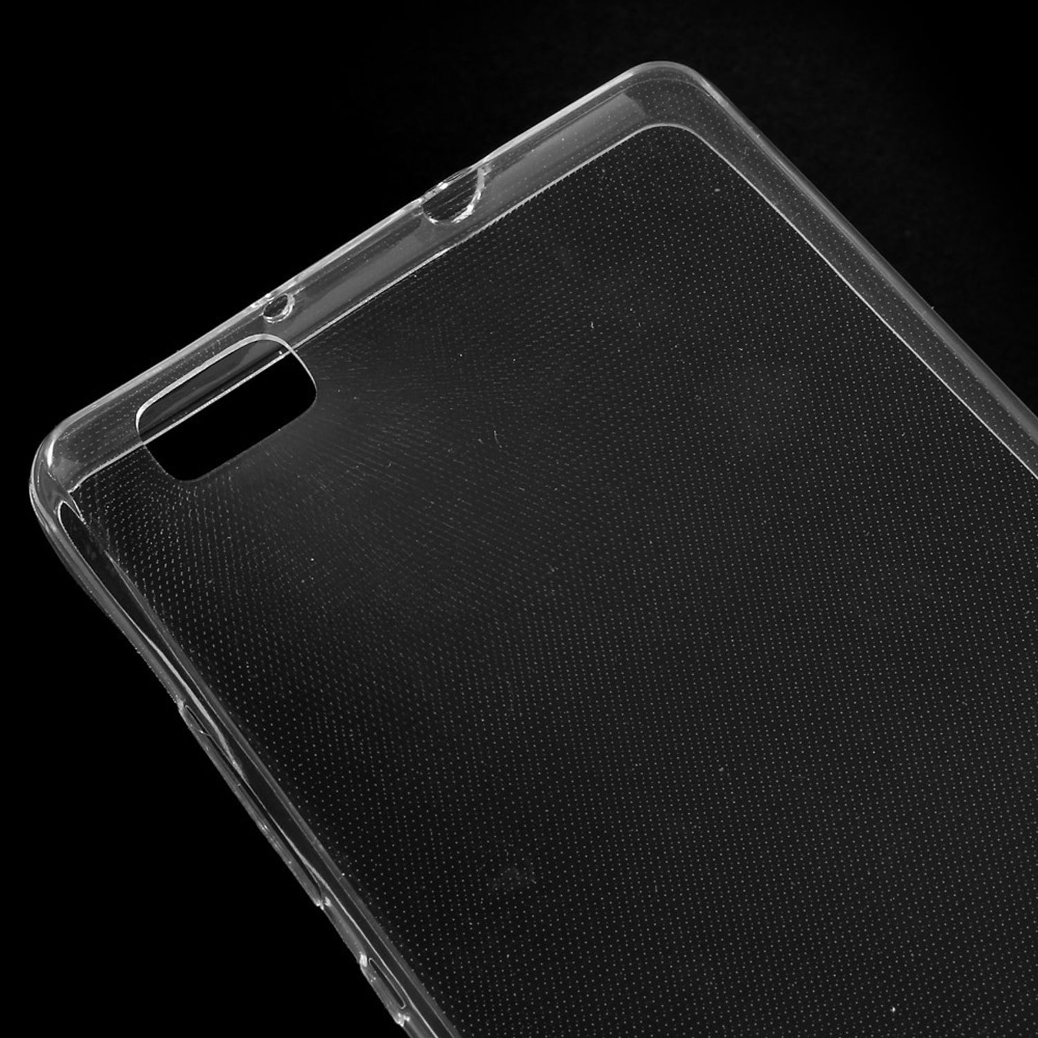 Transparente Handyhülle mit gepunkteter Textur und schwarzem Hintergrund.