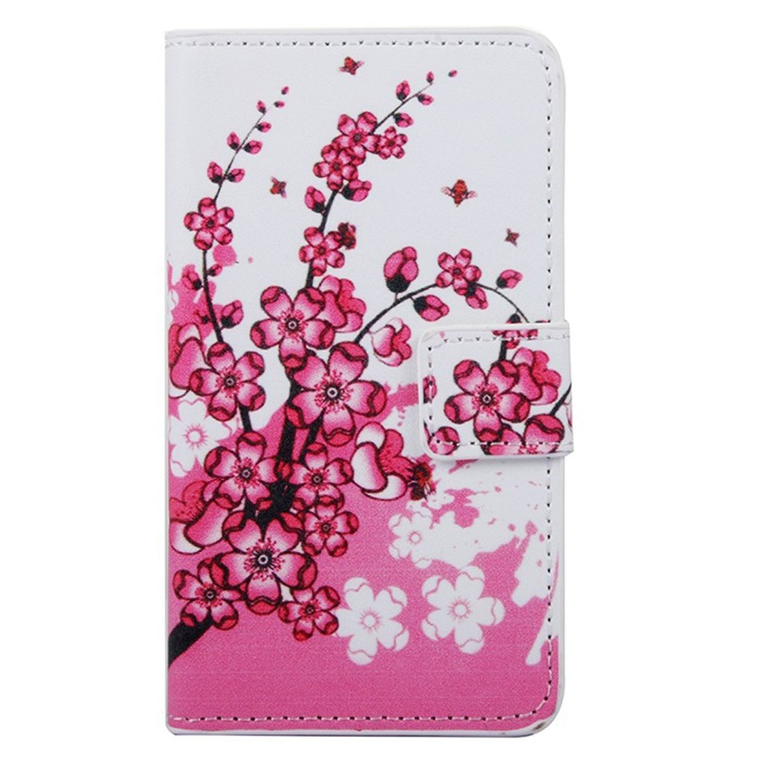 Handyhülle mit Kirschblüten-Design. Weißer Hintergrund mit rosa Blüten und einem Schmetterling.
