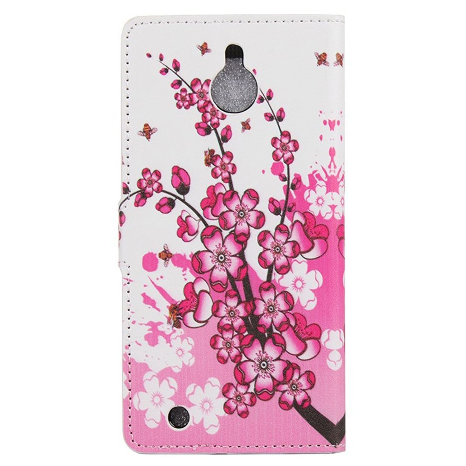 Handyhülle mit rosa Blumen, Bienen und Ast-Design. Weißer Hintergrund.