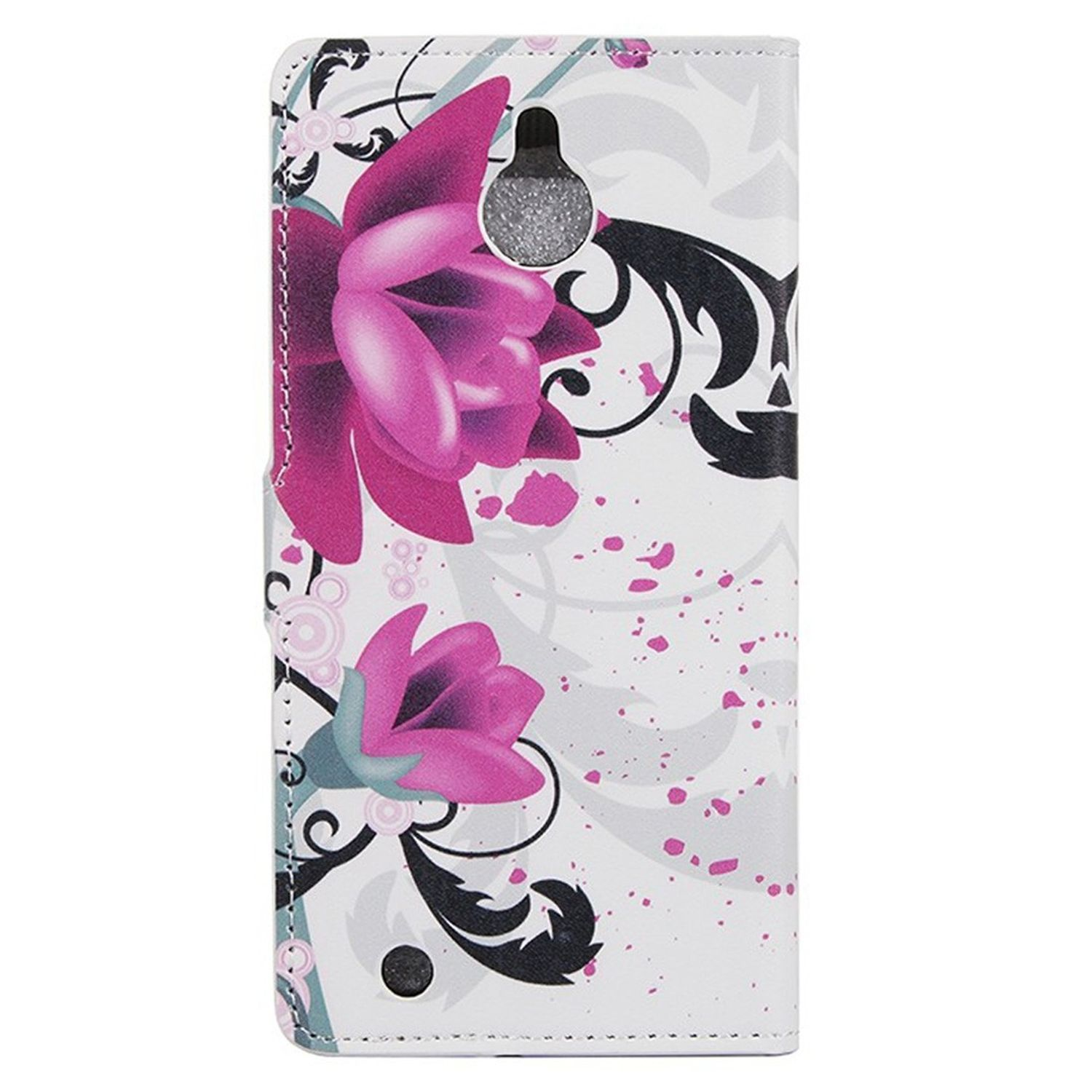 Eine weiße Handyhülle mit floralem Design. Sie hat rosa Blüten. Der Hintergrund ist weiß.