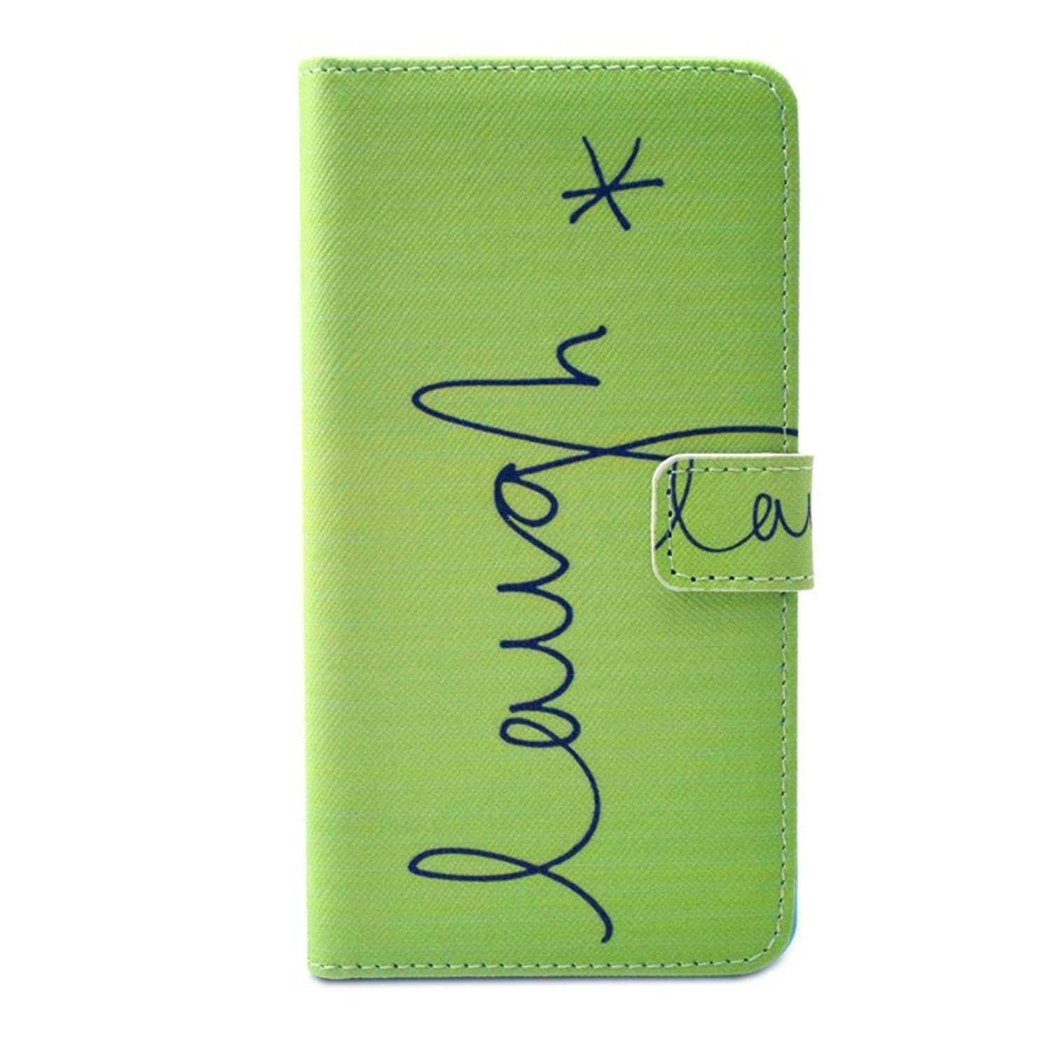 Eine grüne Handyhülle mit handschriftlichem blauen Text, der "lachen" sagt.