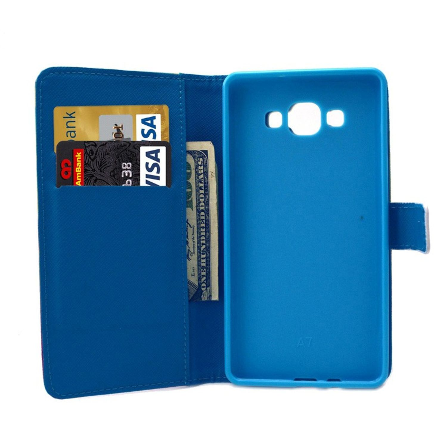 Blaue Handyhülle mit geöffnetem Portemonnaie, zeigt Karten und Geld. Rechts eine blaue Hülle.