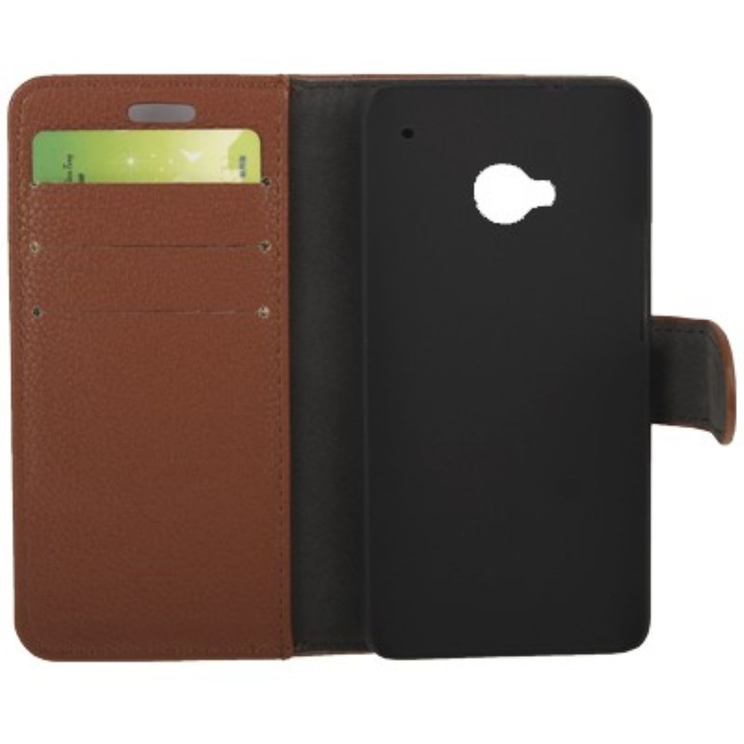 Braune Leder-Handyhülle mit Kartenfächern, offen, mit Telefon innen.