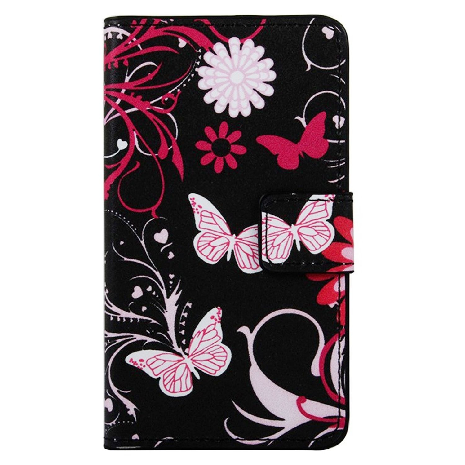 Schwarze Handyhülle mit Blumen- und Schmetterlingsdesign. Das Gehäuse ist offen.