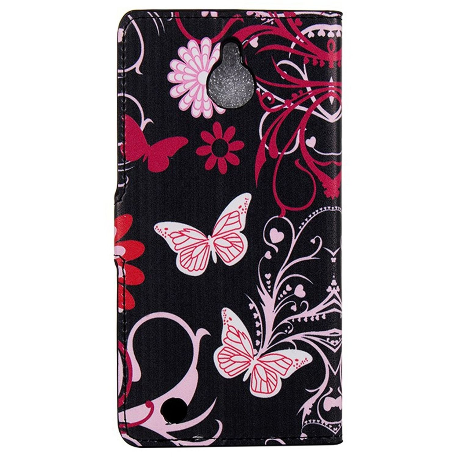 Schwarze Handyhülle mit rosa Blumen, Schmetterlingen und Wirbeln.
