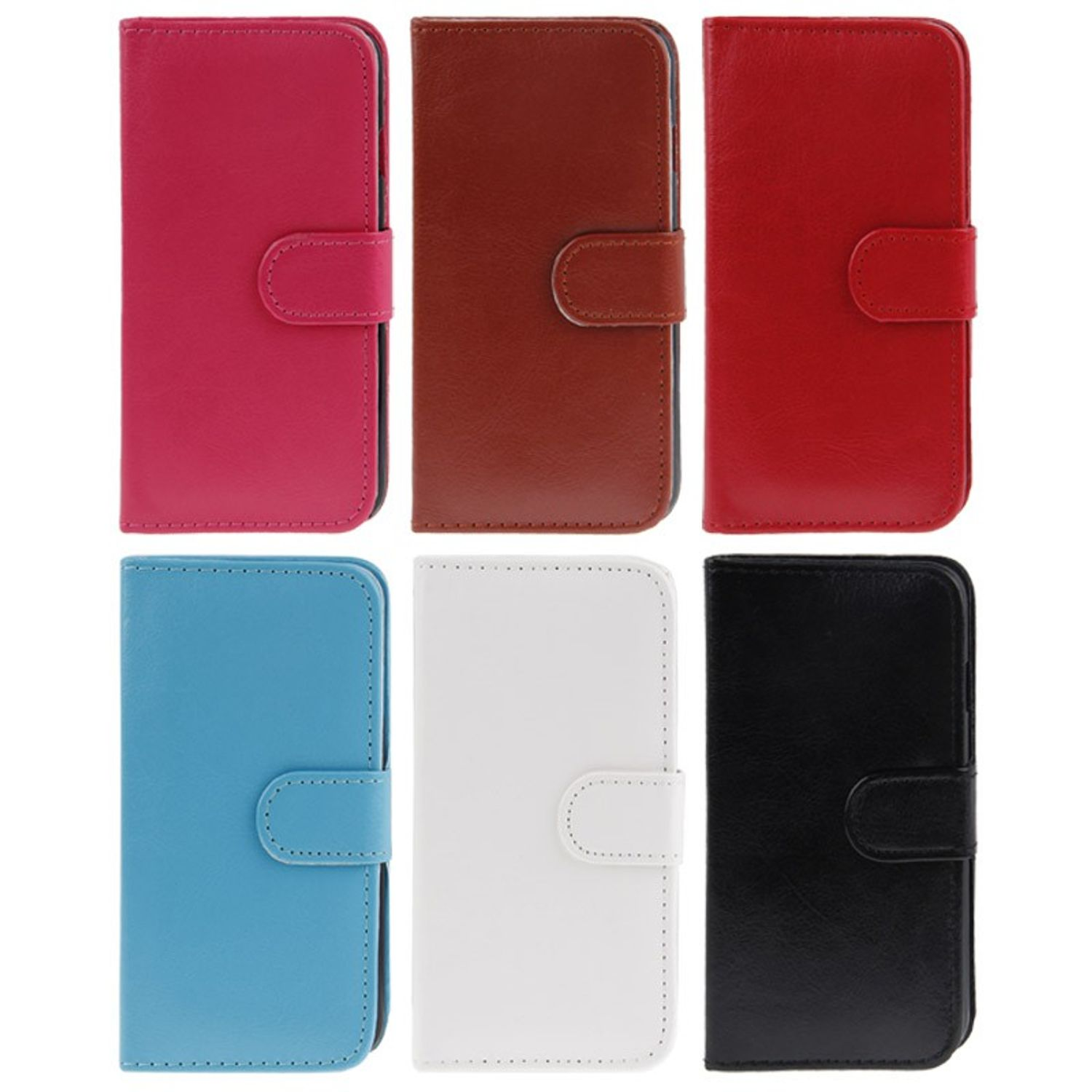 Sechs Leder-Handyhüllen in Pink, Braun, Rot, Blau, Weiß und Schwarz, jeweils mit Verschluss.