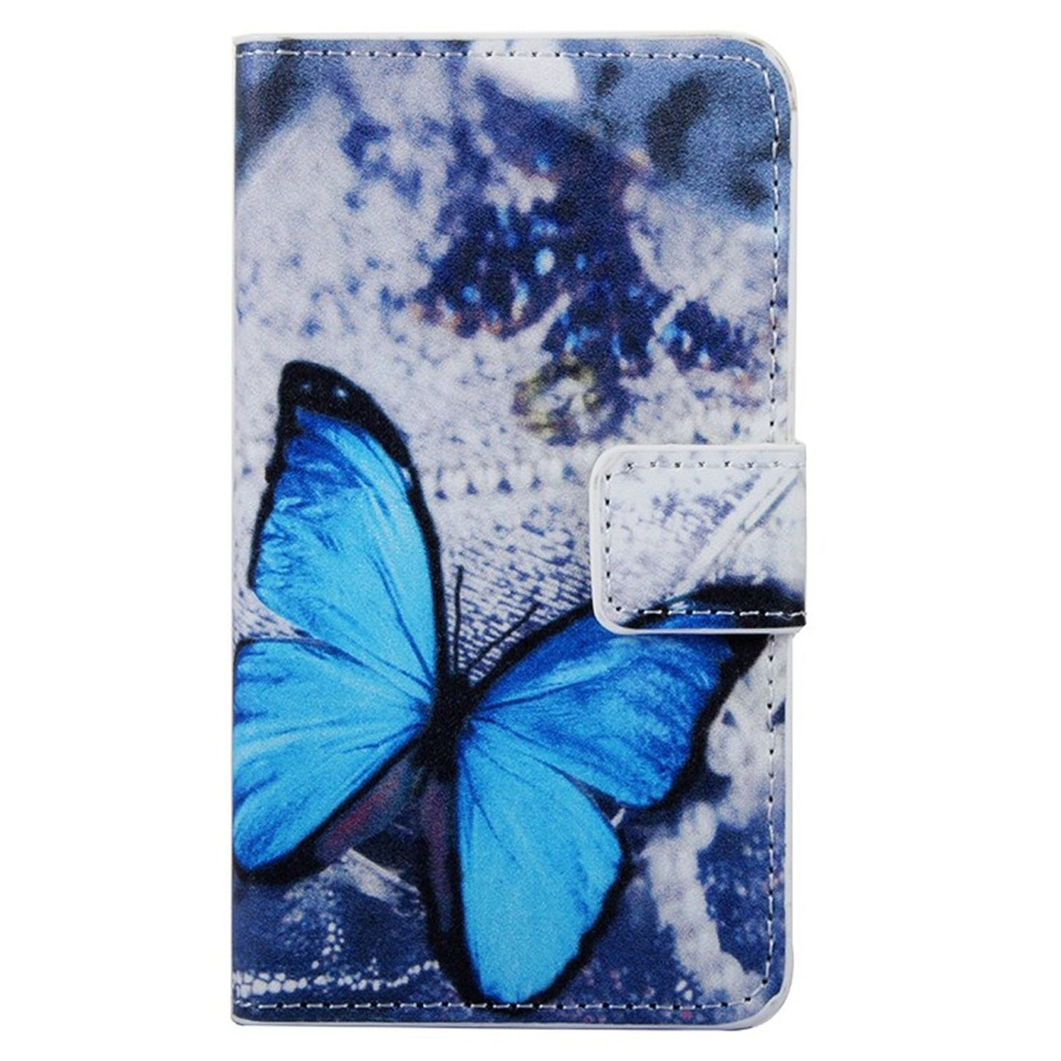 Handyhülle mit blauem Schmetterlingsdesign auf strukturiertem Hintergrund, vor Weiß.