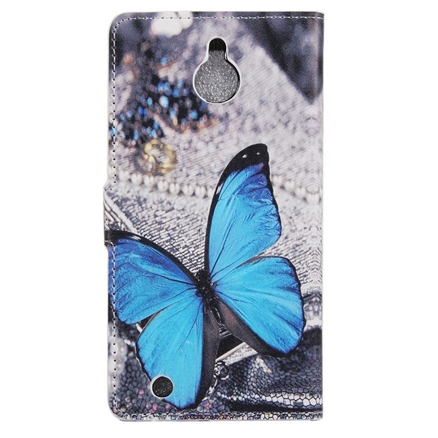 Blauer Schmetterling auf Handyhülle mit silber-grauem Hintergrund, Vorderansicht.
