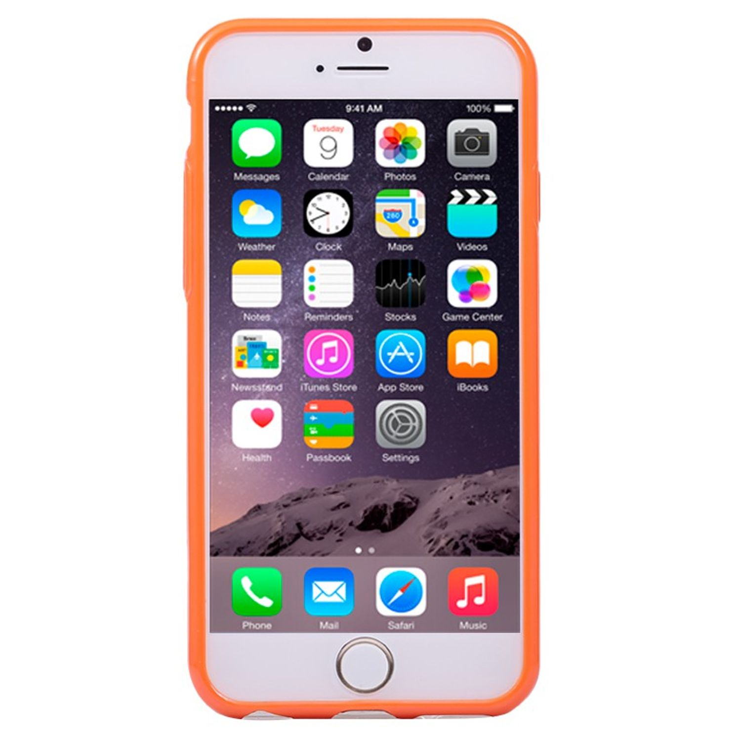 Ein iPhone in einer orangefarbenen Hülle, das den Startbildschirm mit App-Symbolen anzeigt.