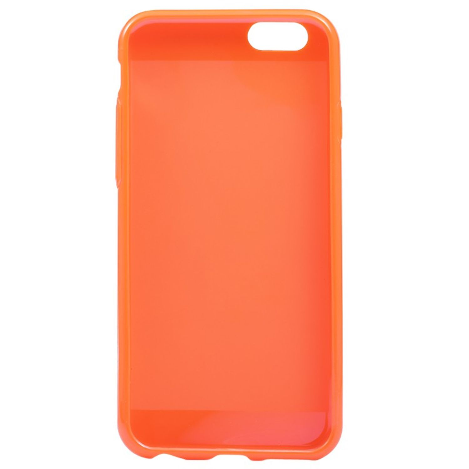 Eine orangefarbene Handyhülle mit einer Öffnung für die Kamera und Knöpfe.