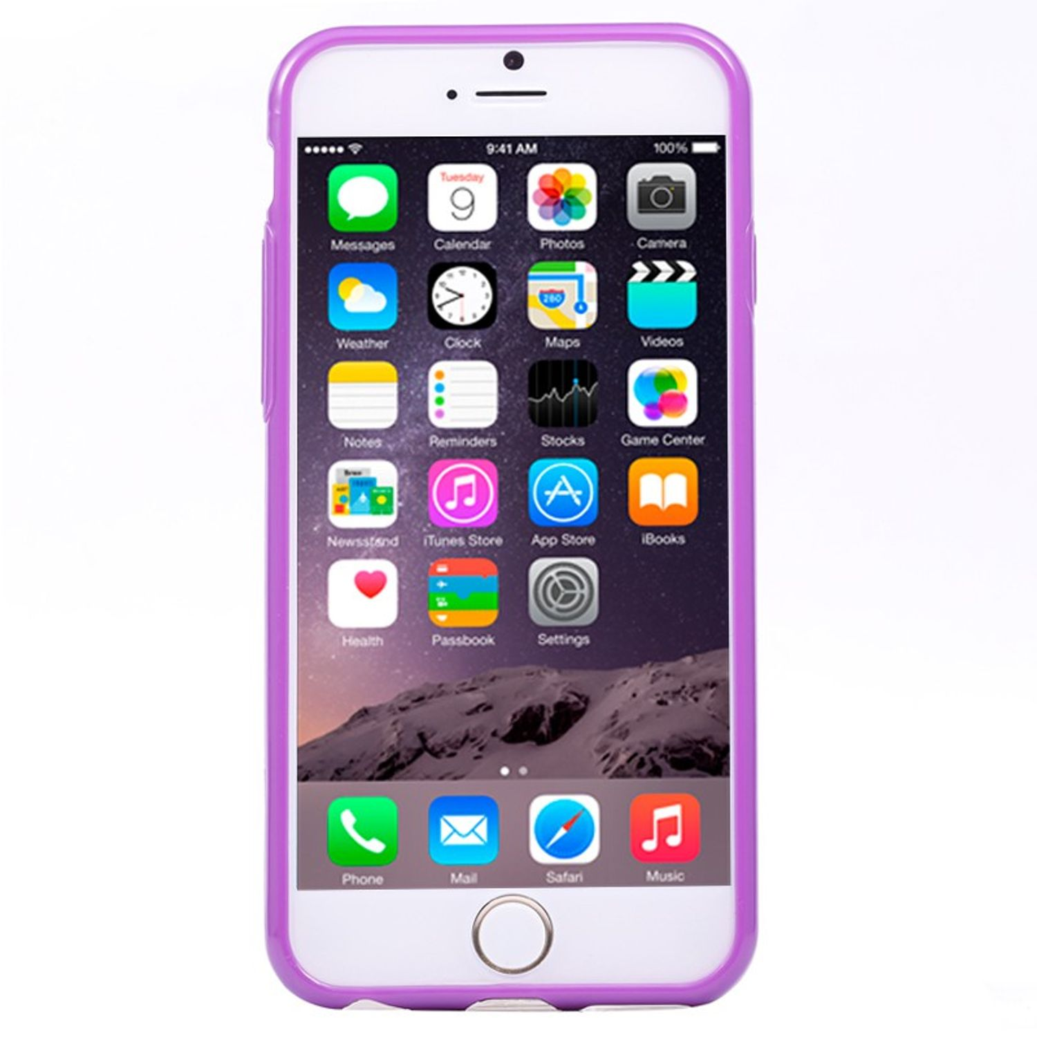 iPhone mit lila Hülle, die den Home-Bildschirm mit Apps anzeigt.