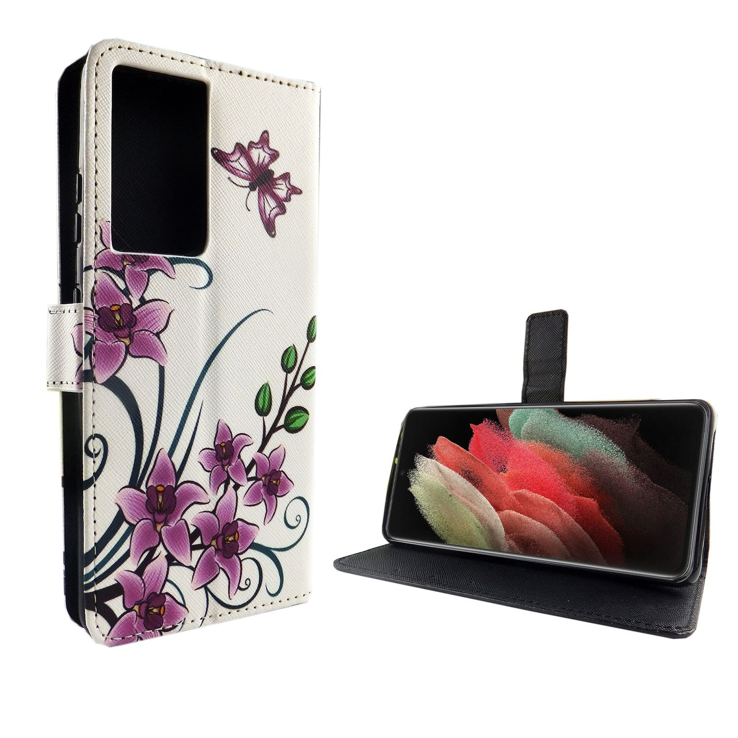 Handyhülle mit lila Blumen- und Schmetterlingsdesign, mit einem Telefon darin.