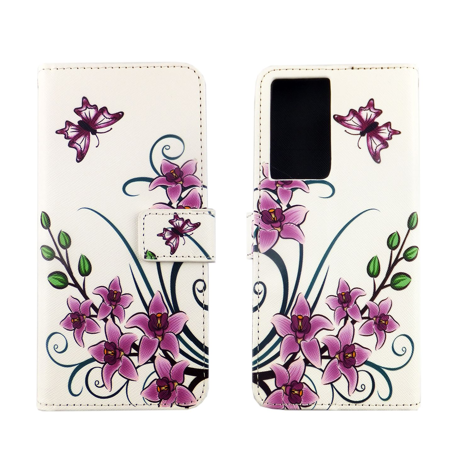 Weiße Handyhülle mit lila Blumen und Schmetterlingen. Das Telefon ist innen. Weißer Hintergrund.
