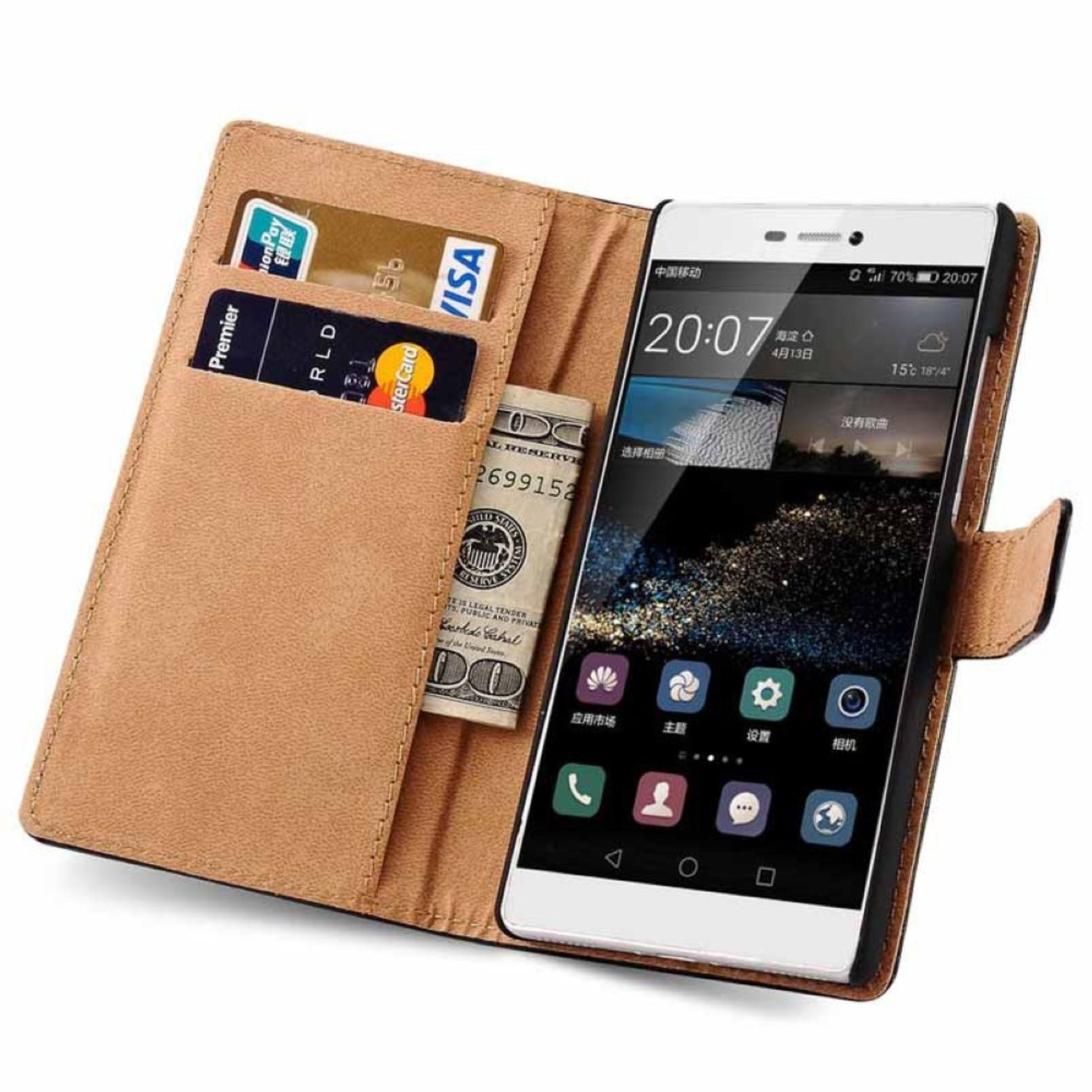 Ein Telefon in einer hellbraunen Leder-Brieftasche mit Karten, Geld und Bildschirm.