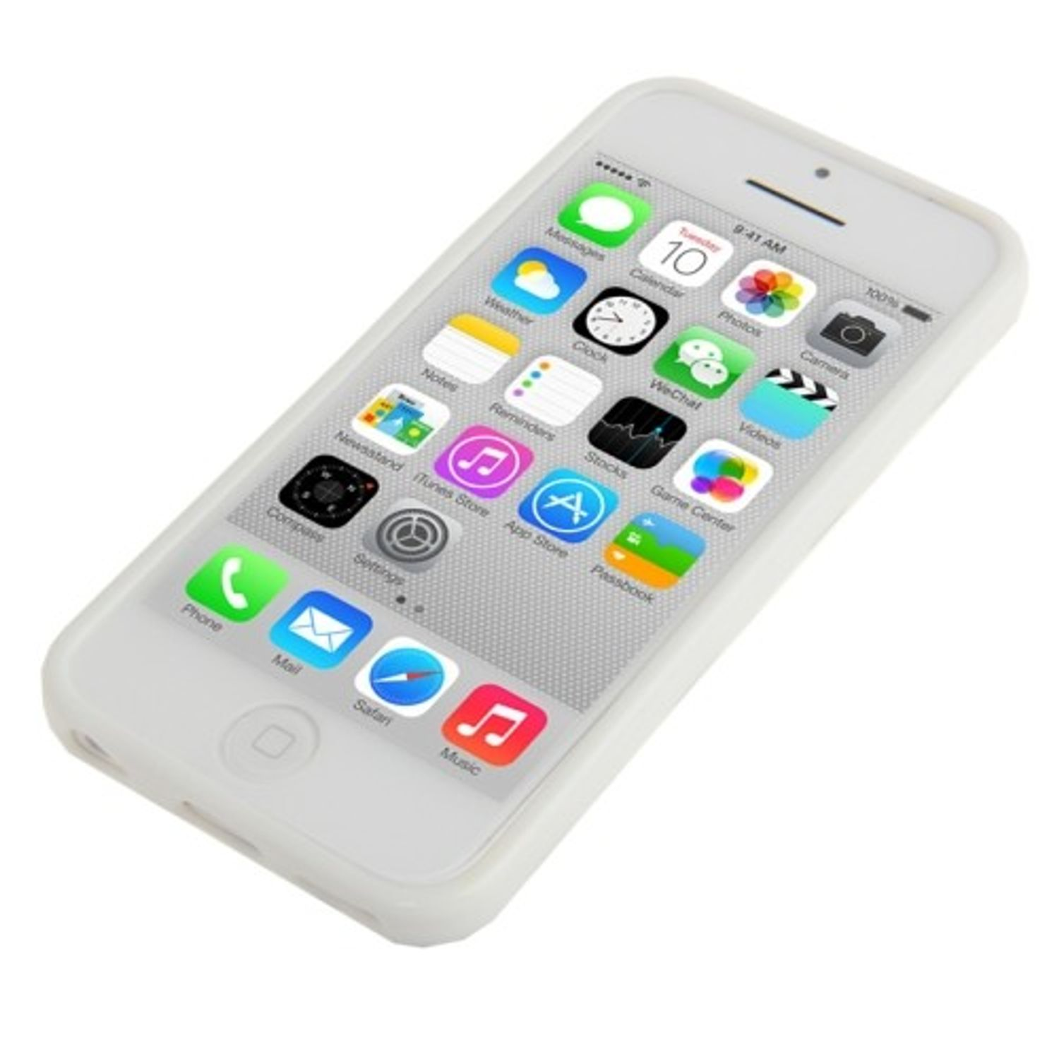 Weißes iPhone mit vielen App-Symbolen auf dem Bildschirm, in einem weißen Gehäuse.