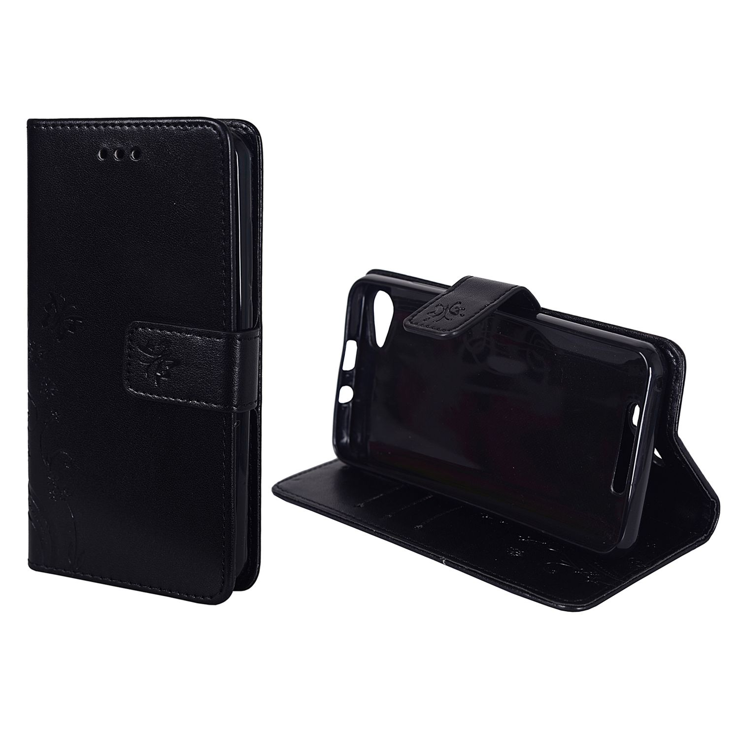 Eine schwarze Handyhülle im Brieftaschenstil, offen, zeigt Telefon und Blumendesign.