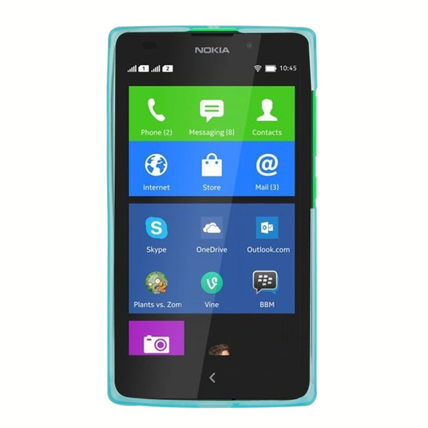 Nokia-Smartphone mit App-Symbolen. Der Bildschirm zeigt App-Symbole. Die Hülle ist blau.
